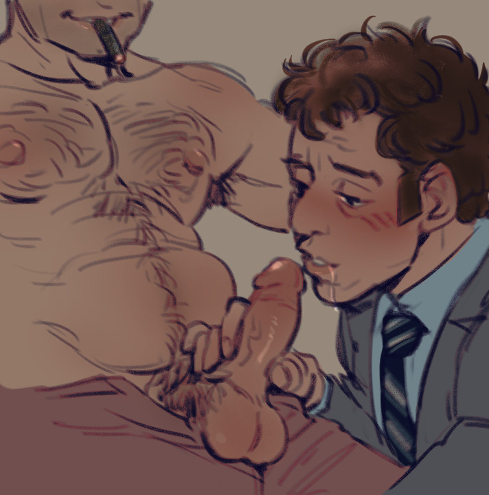 A digital nsfw drawing of Sergeant Wilson hovering Columbo's cock. Drool is leaking from his mouth.