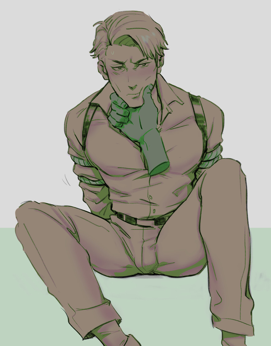 A digital drawing of Nanami Kento blushing, sitting down and restrained, a hand is holding his chin