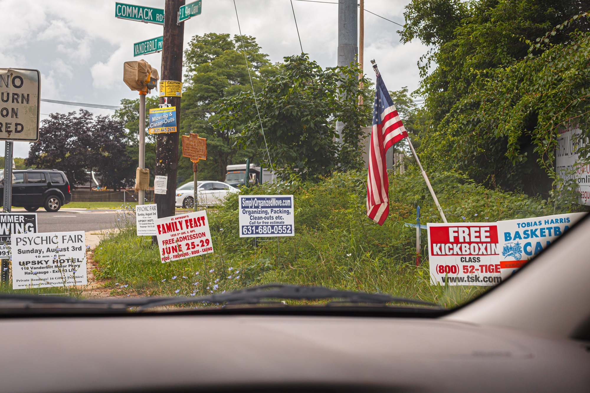 A view through a windshield of an overgrown weedy corner strewn with numerous plastic advertising signs, including for a psychic fair, kickboxing, basket ball camp, home organizing, and where someone has planted an American Flag. 