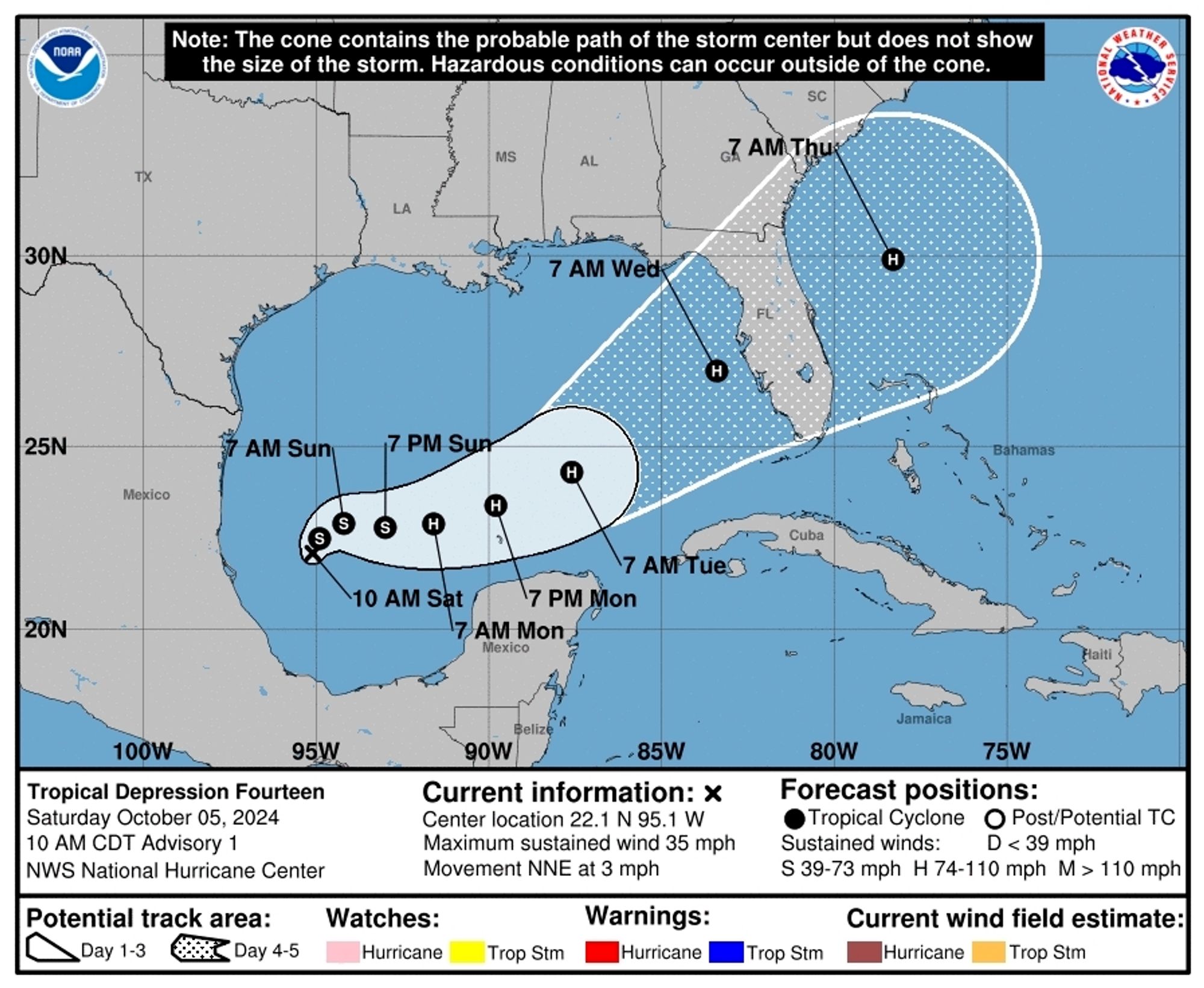 National hurricane center forecast map for a tropical depression aiming towards Florida