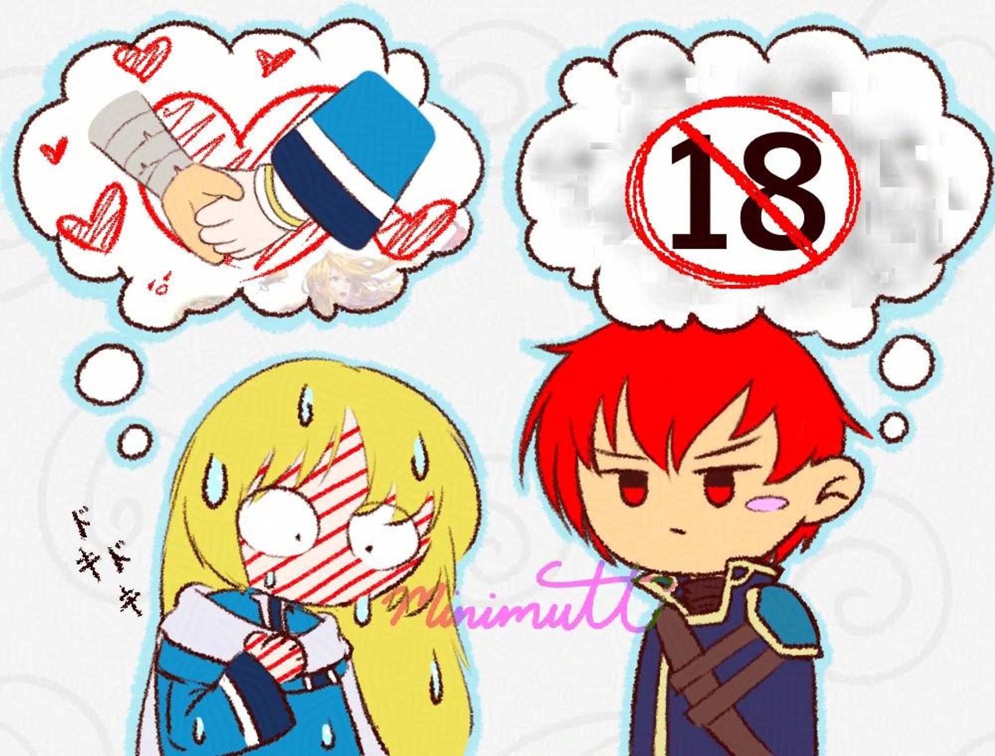 Fanart of Lucius and Raven from Fire Emblem 7. They're in chibi form. Lucius has a bright red face and holding a hand to his chest because he's thinking about holding hands with Raven. Raven is blank faced with a small blush, and his "18" in his thought bubble.