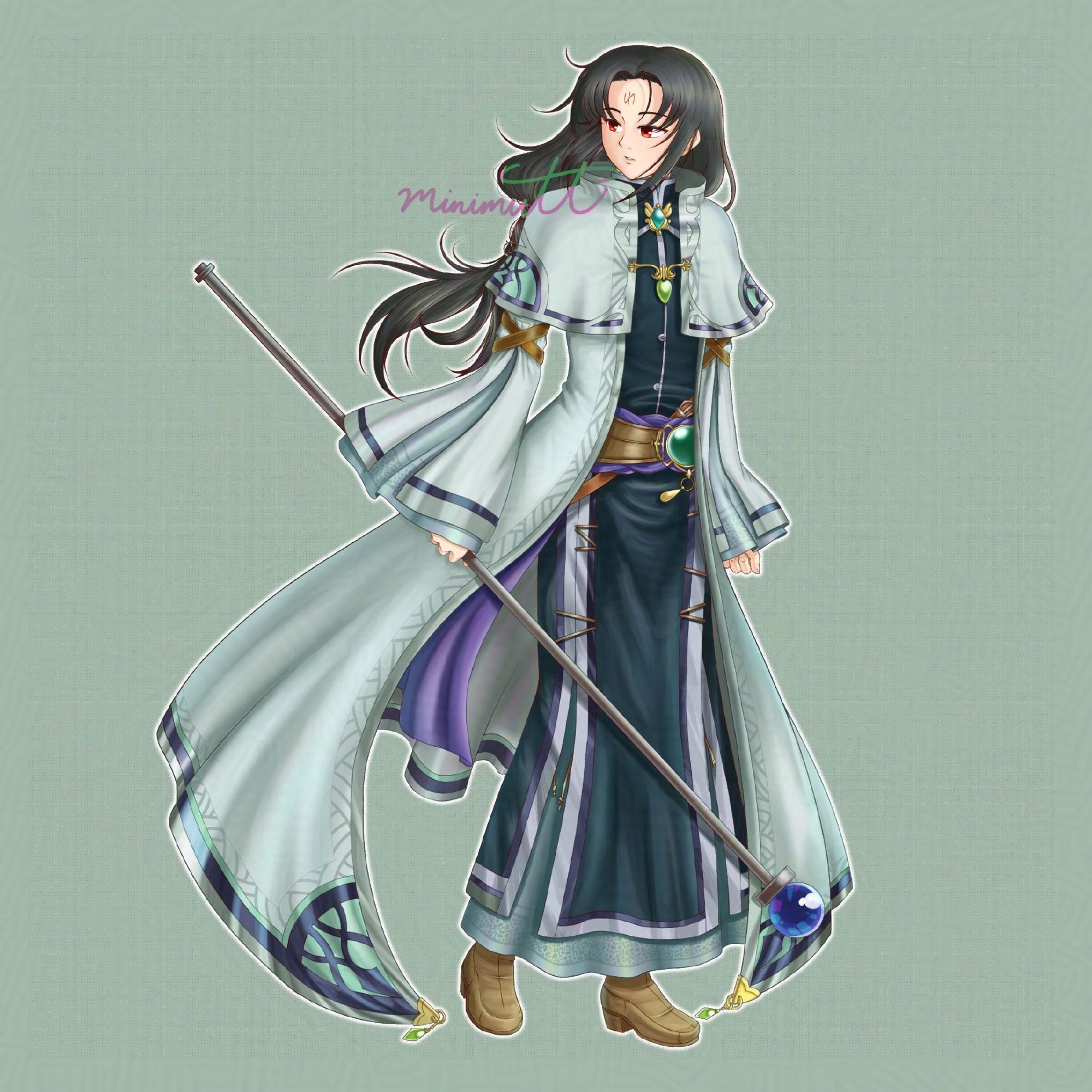 Fanart of Soren from Fire Emblem 9/10. He's in his archsage outfit from Fire Emblem 10, and is carrying a staff in his right hand.