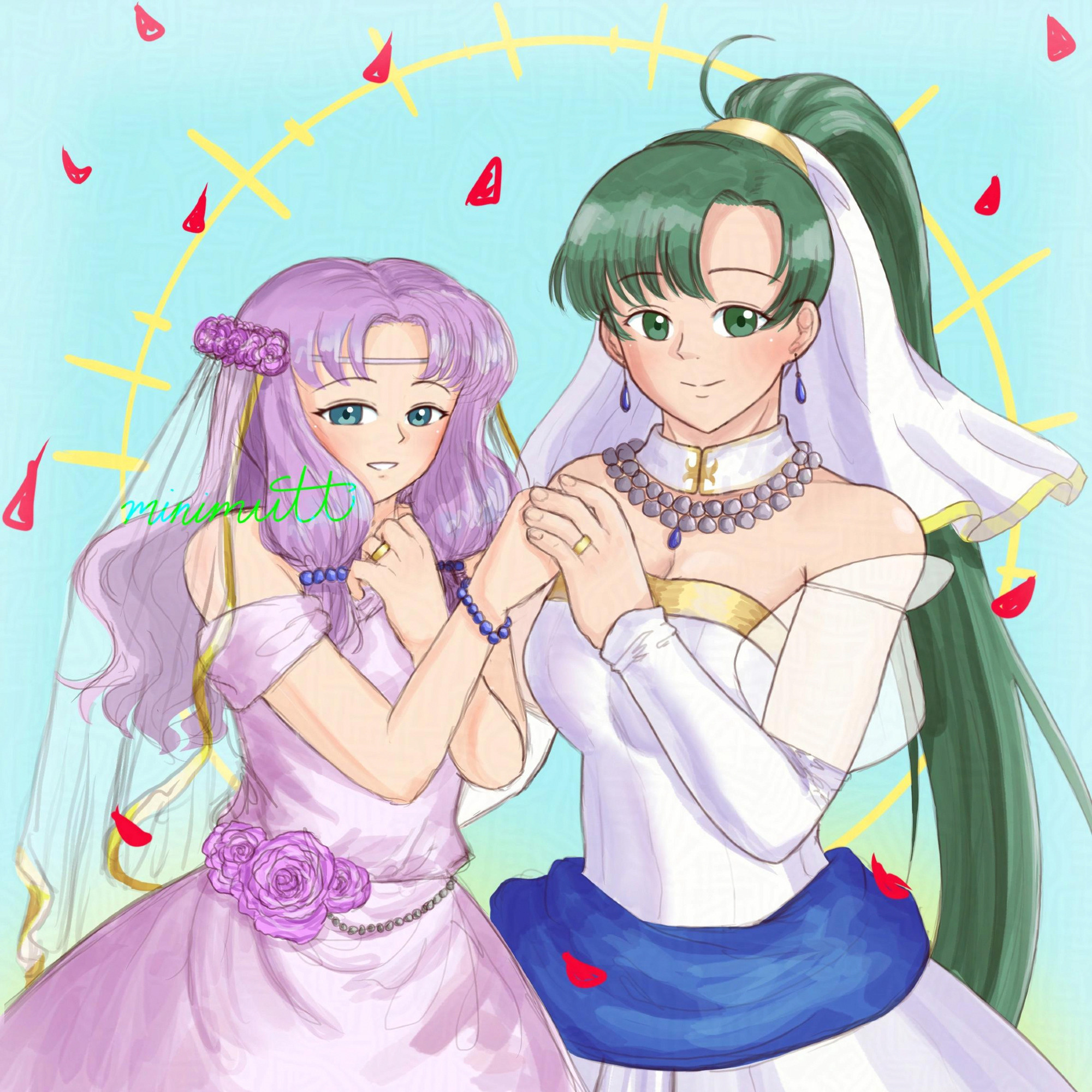 Fanart of Florina and Lyn from Fire Emblem 7. They're in wedding dresses and holding hands, both with a wedding ring on their ring finger.