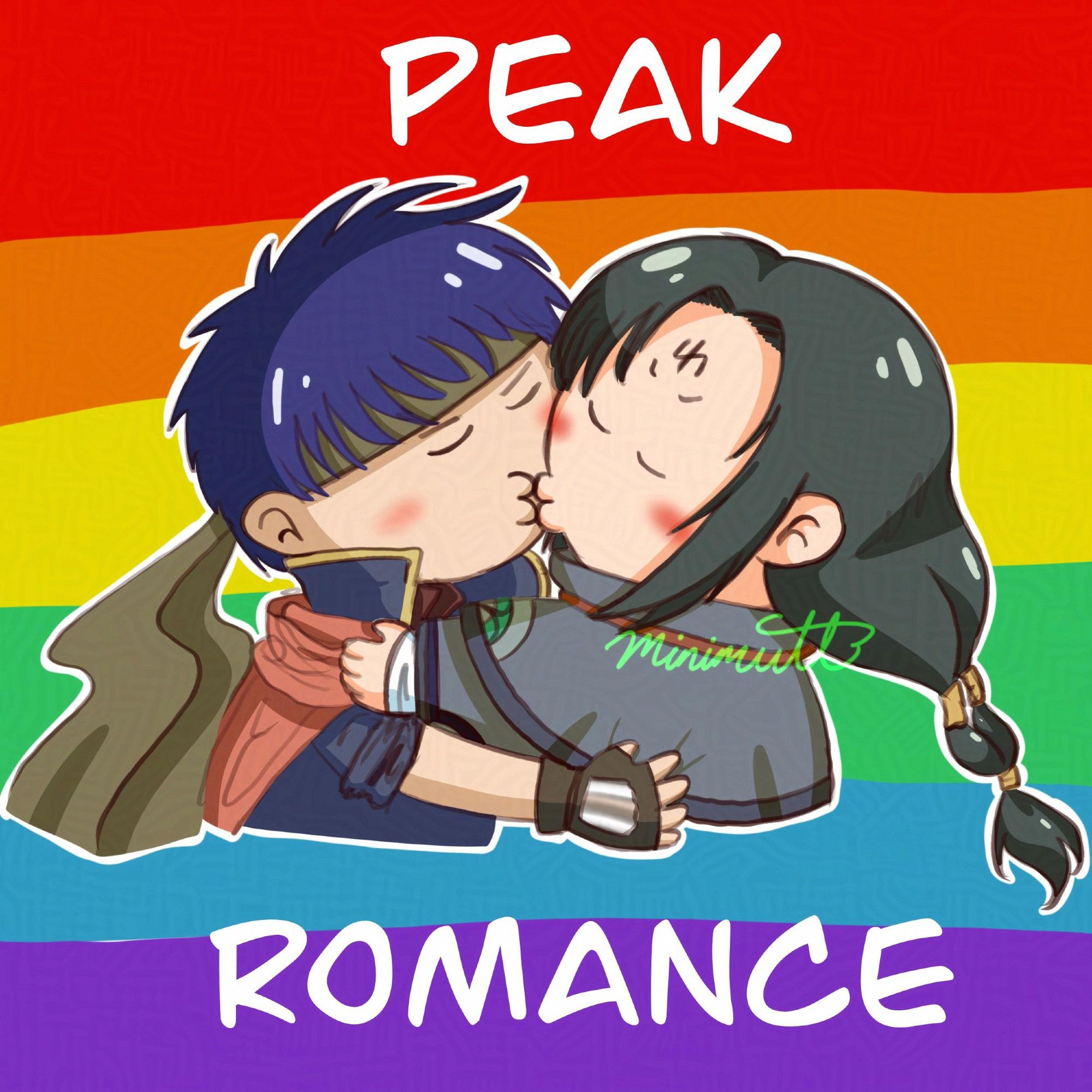 Fanart of Ike and Soren from Fire Emblem 9/10. They're in chibi form and kissing each other. The background is a rainbow flag, and large white text around them says "Peak Romance."