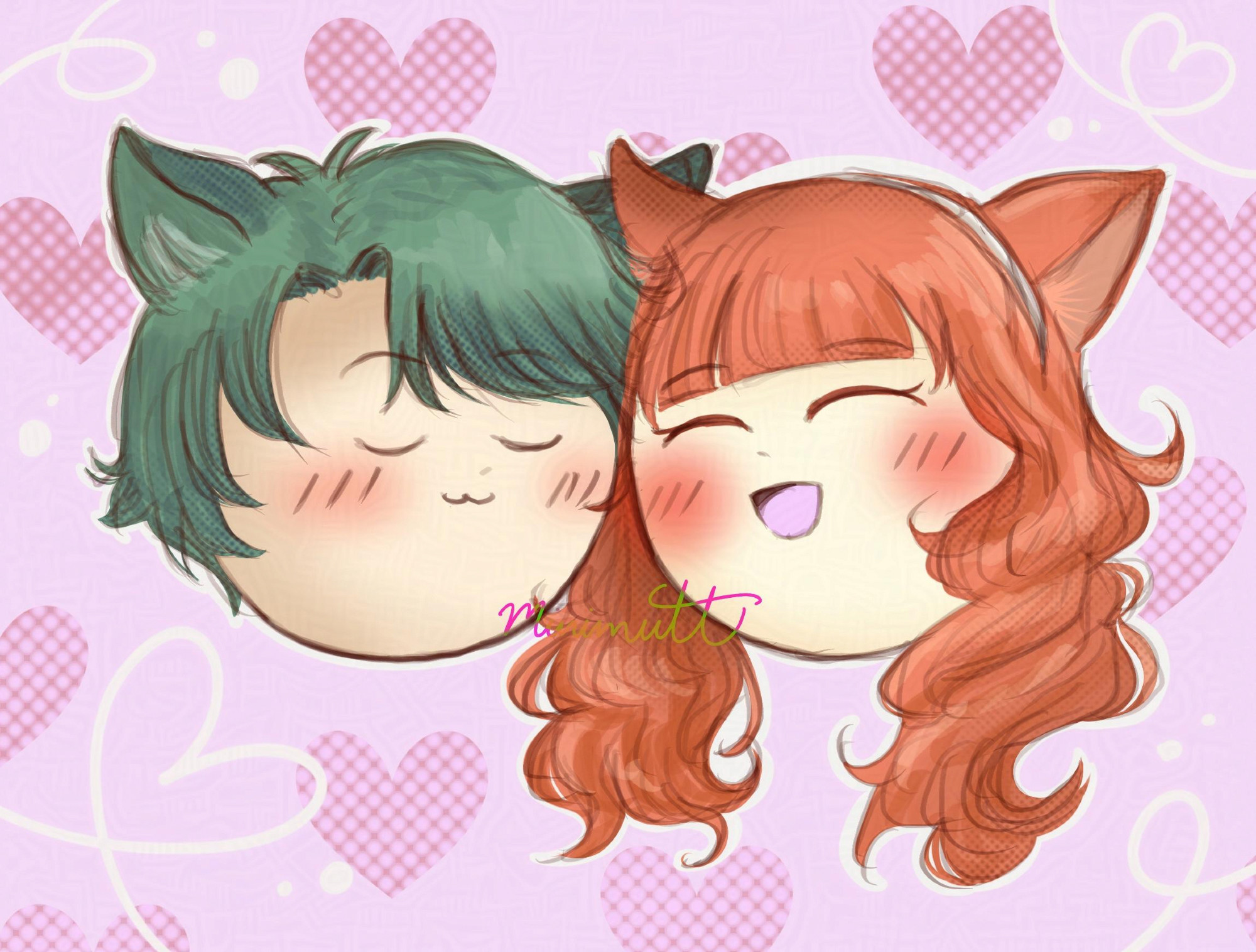 Fanart of Alm and Celica from Fire Emblem: Shadows of Valentia. They are chibi blob heads with cat ears and rubbing each other's heads with a pink heart background.