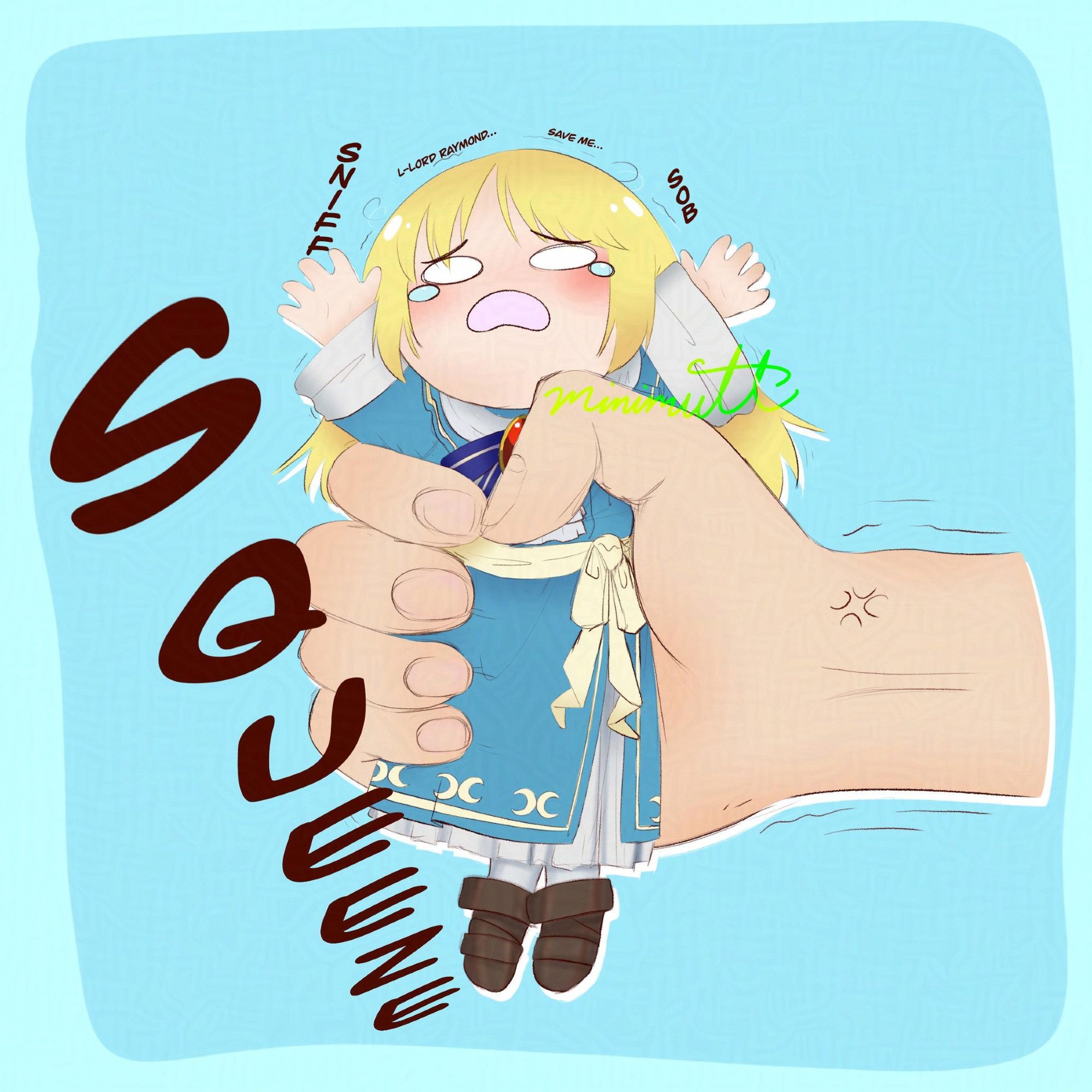 Fanart of Lucius from Fire Emblem 7. He's in his child form from Fire Emblem Heroes, and is a chibi doll sized. He's being clutched tightly by the waist by a large disembodied hand and is crying. He's saying, "L-Lord Raymond... Save me..." as sniffs and sobs are around him.