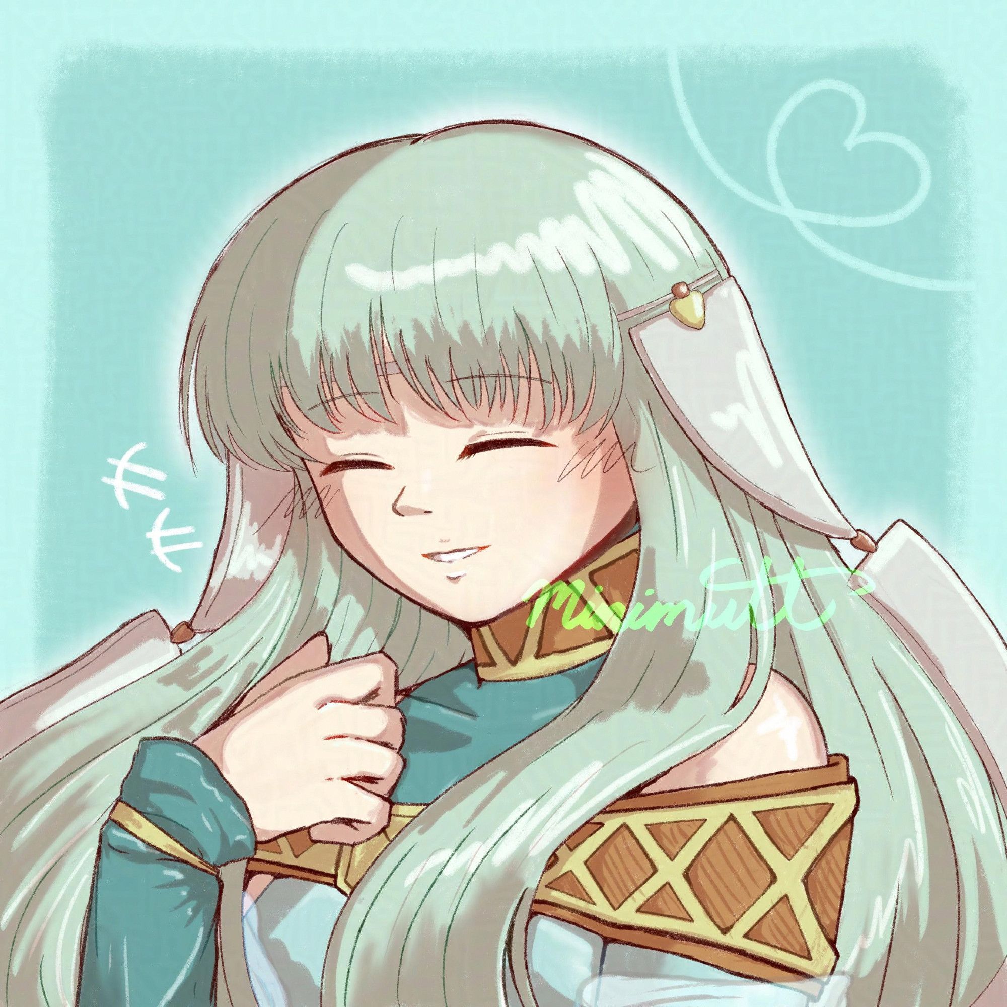 Fanart of Ninian from Fire Emblem 7. She has a hand to her chest and is smiling.