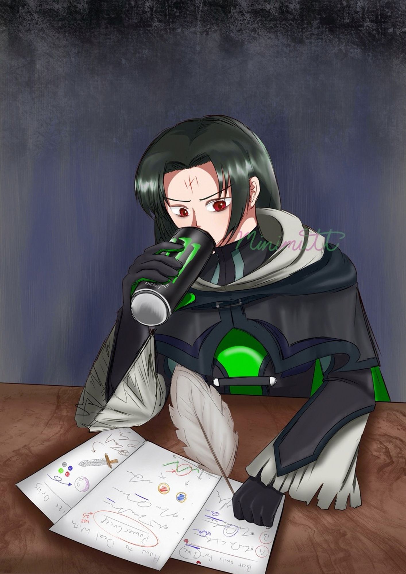 Fanart of Soren from Fire Emblem 9/10. He's in his Resplendent outfit from Fire Emblem Heroes. He's drinking a Monster Energy Drink and staring down at strategy sheets. He has eye bags in his eyes.