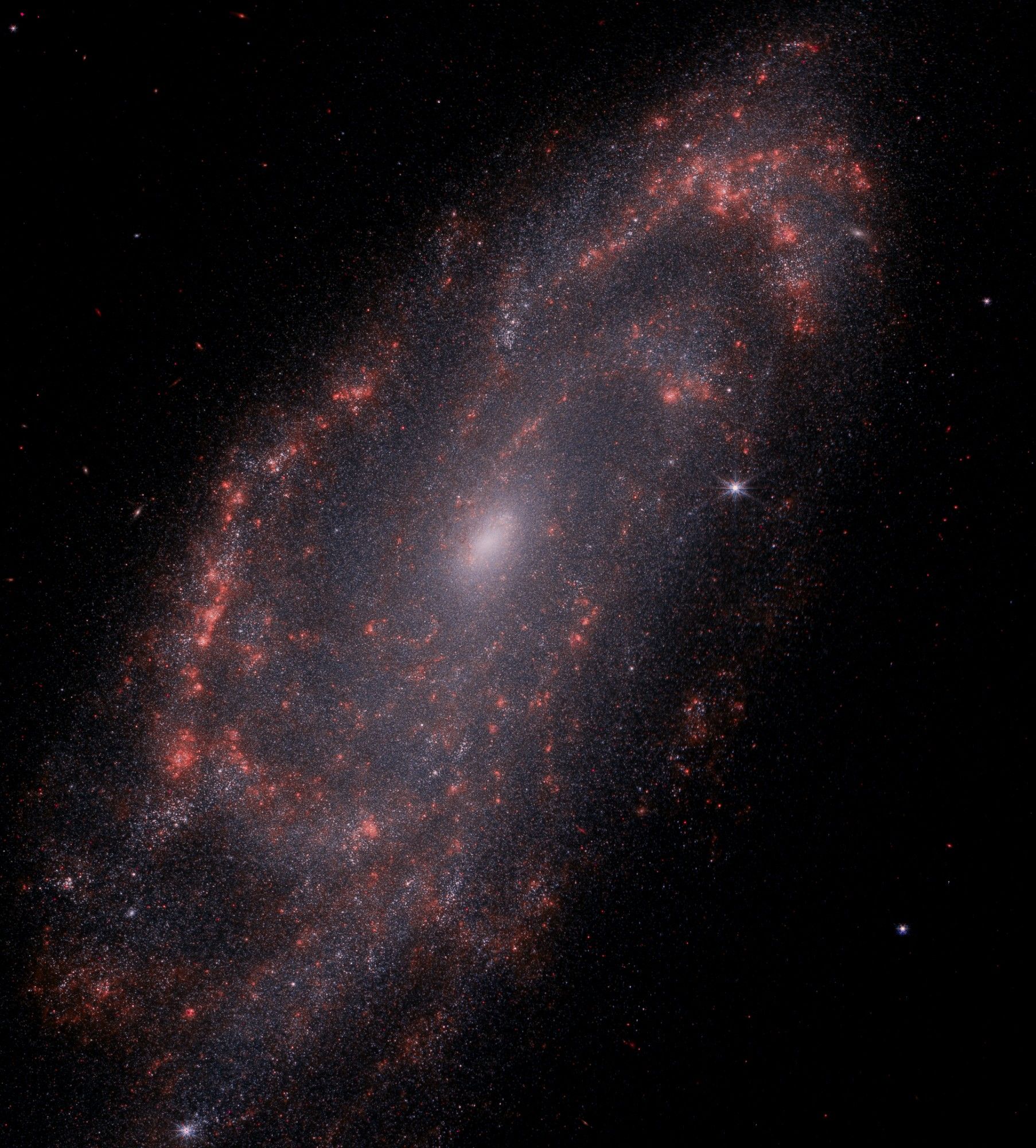 A stunning spiral galaxy, NGC 1792, captured in infrared light by the James Webb Space Telescope. The galaxy's intricate spiral arms, filled with bright young stars, are clearly visible. The center of the galaxy is a luminous core, surrounded by a halo of dust and gas.