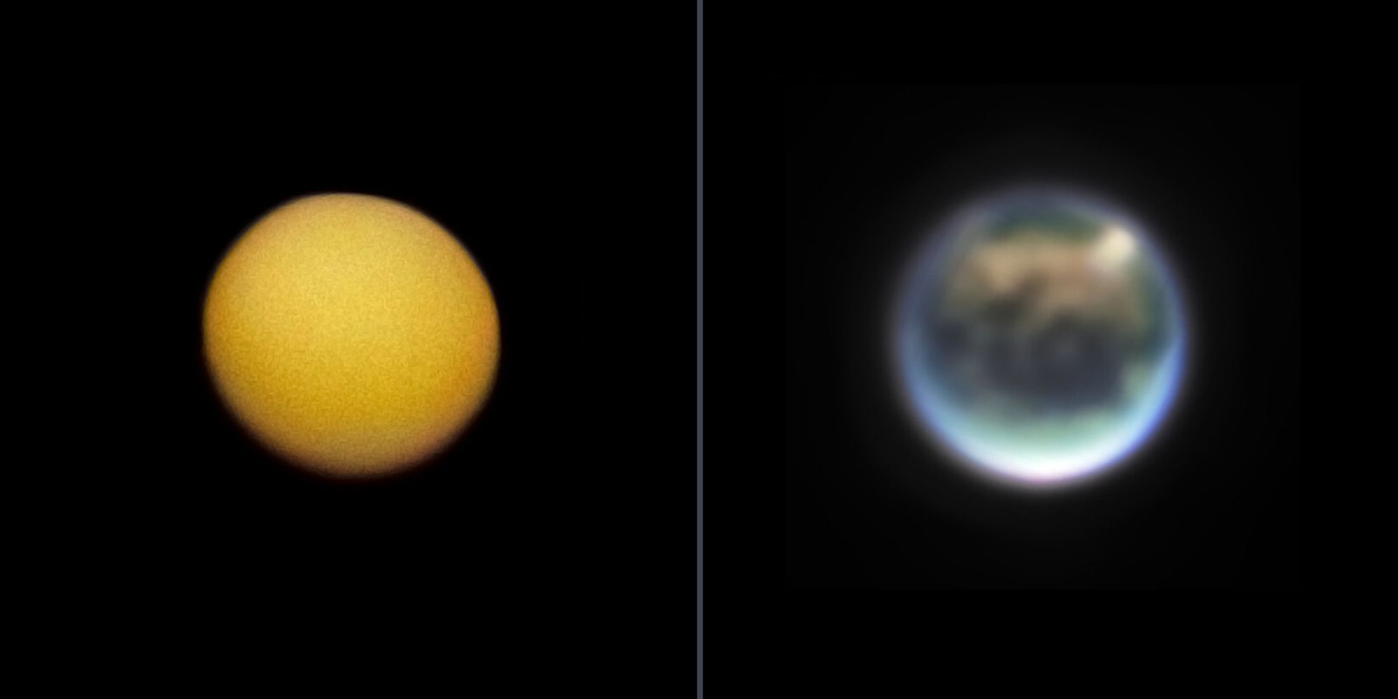 A comparison of two images of Titan, Saturn's largest moon. The left image, taken by Pioneer 11 in 1979, shows a hazy, yellowish sphere with few discernable features. The right image, captured by the James Webb Space Telescope in 2022, offers a much more detailed view of Titan, revealing its atmosphere's layers, clouds, and even surface features like mountains and lakes. The JWST image also highlights the moon's unique hydrocarbon haze, which gives Titan its characteristic orange hue.