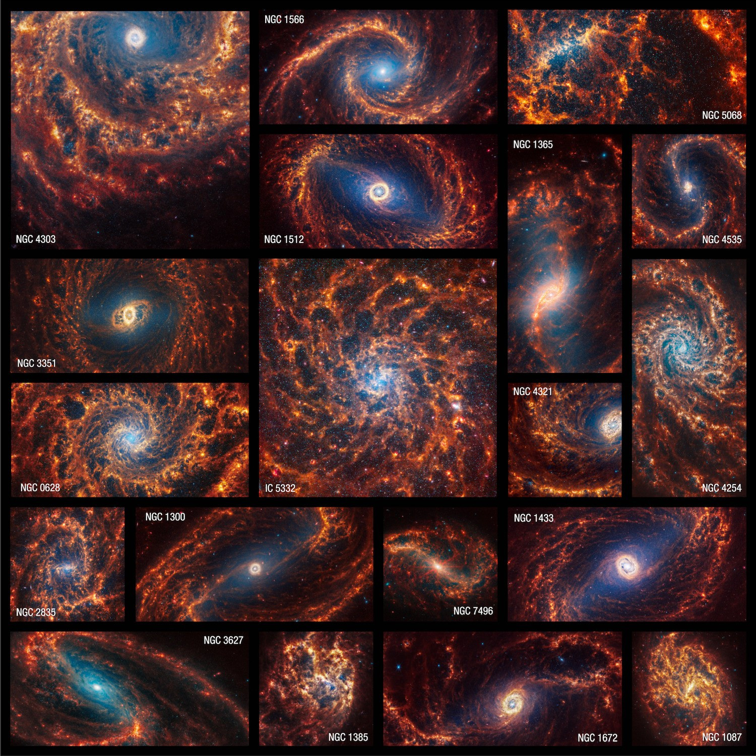 19 nearby spiral galaxies surveyed with JWST by the Physics at High Angular resolution in Nearby GalaxieS (PHANGS) collaboration. These galaxies have also been observed with the Atacama Large Millimeter/submillimeter Array, the Very Large Array, and the Hubble Space Telescope, providing a multi-wavelength view of some of the Milky Way’s neighbors. The JWST images show filamentary structures of warm gas and reveal young star clusters that were hidden in previous observations.