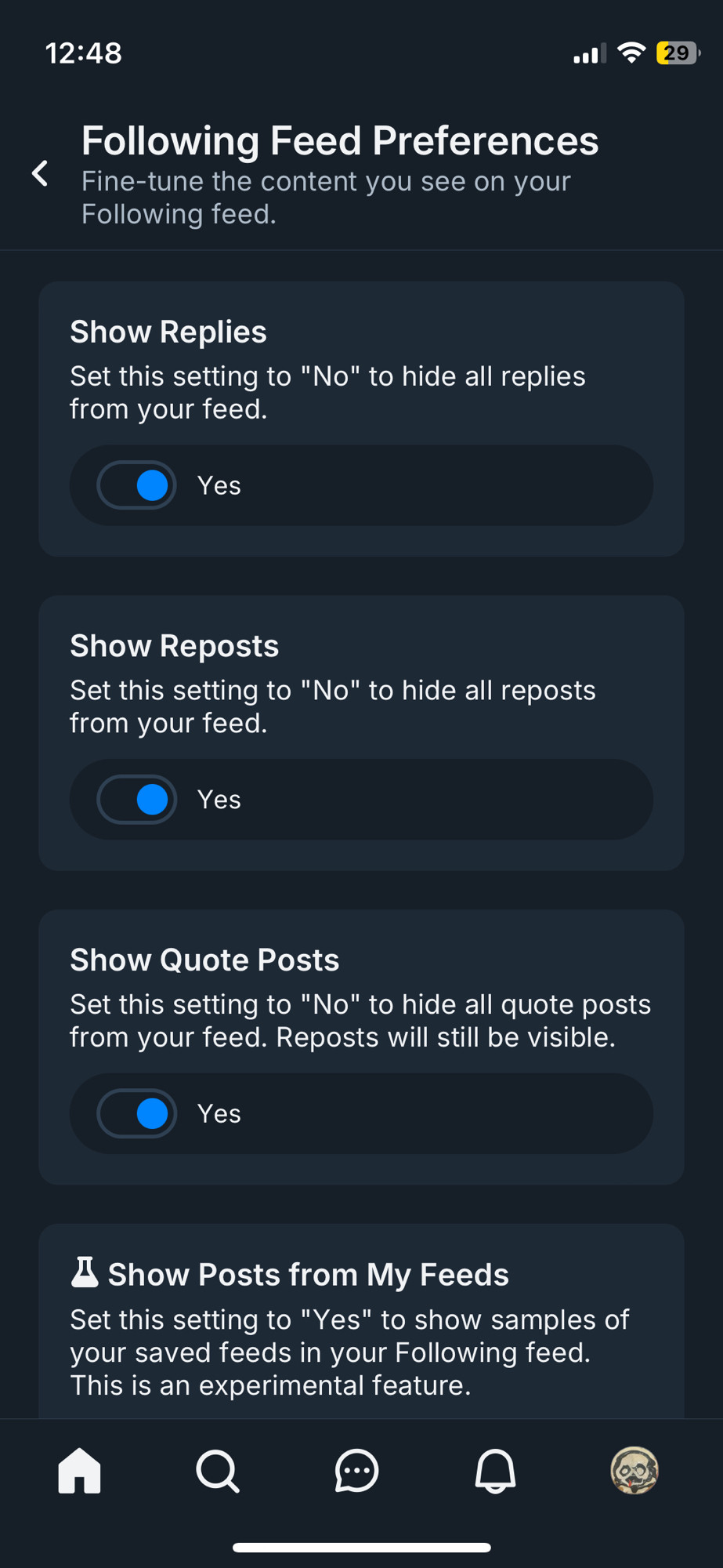 A picture of options found under the following feed preferences in settings