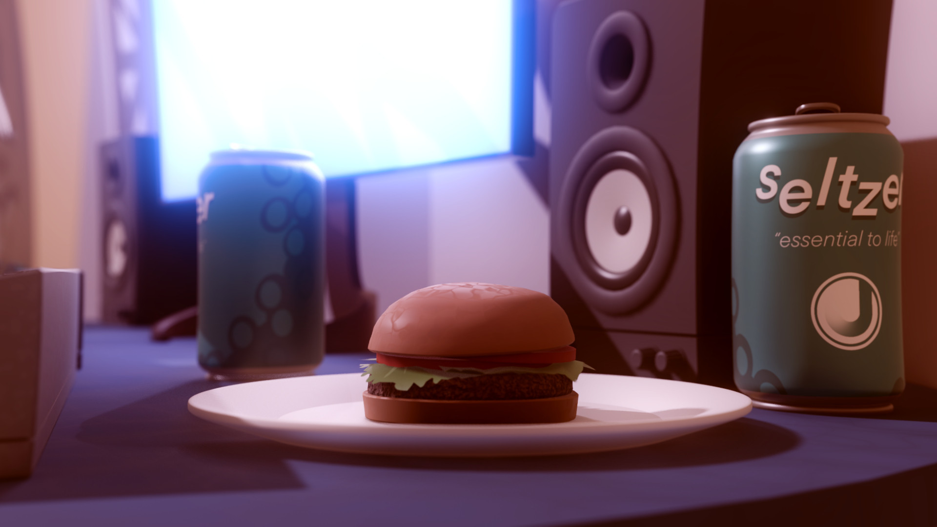 a hamburger sits on a plate on a computer desk, surrounded by cans of seltzer.