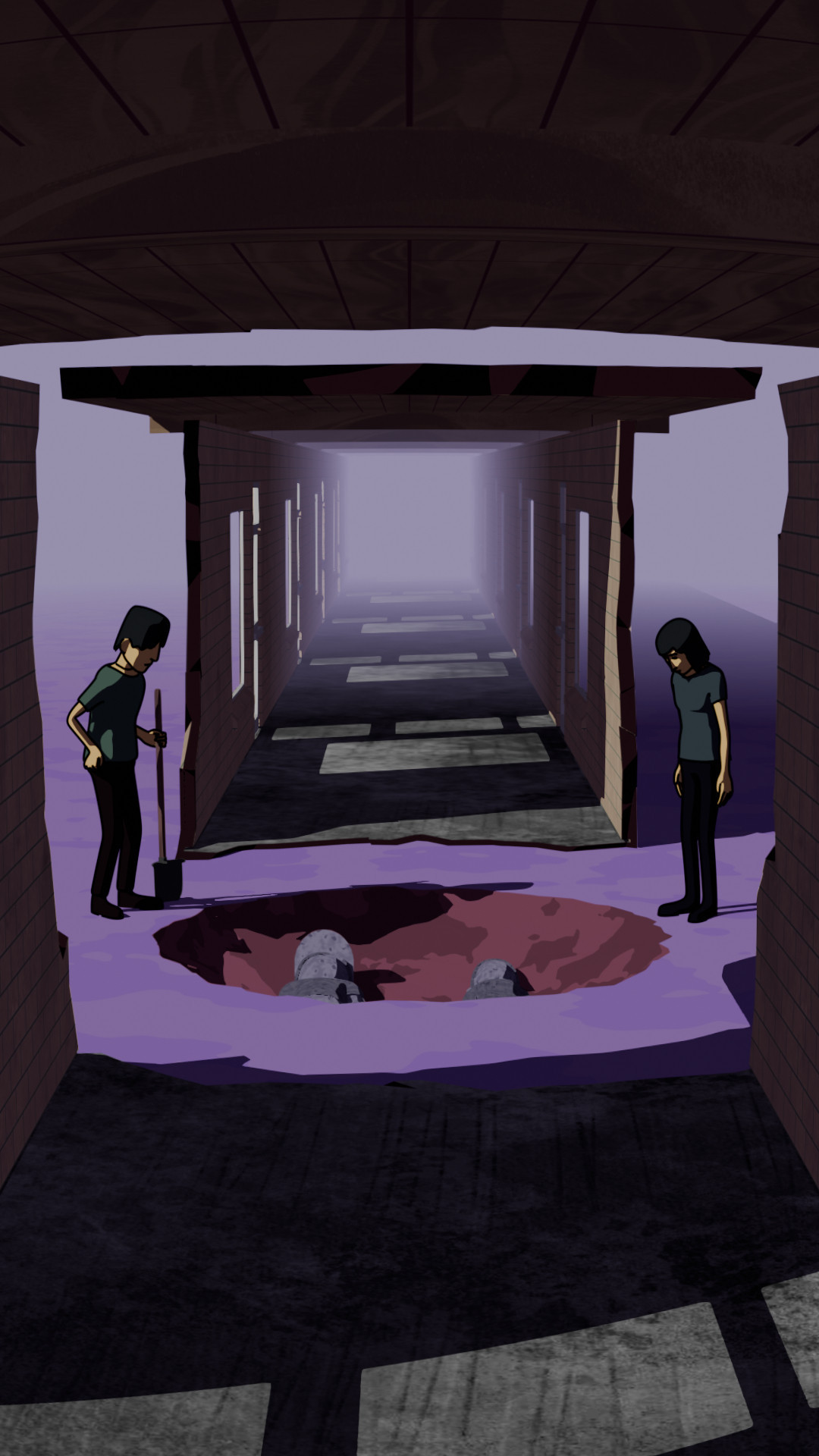 a broken hallway fades into mist. a hole is dug in the ground, where two stone bodies lay. two characters stare into the hole, one with a shovel.