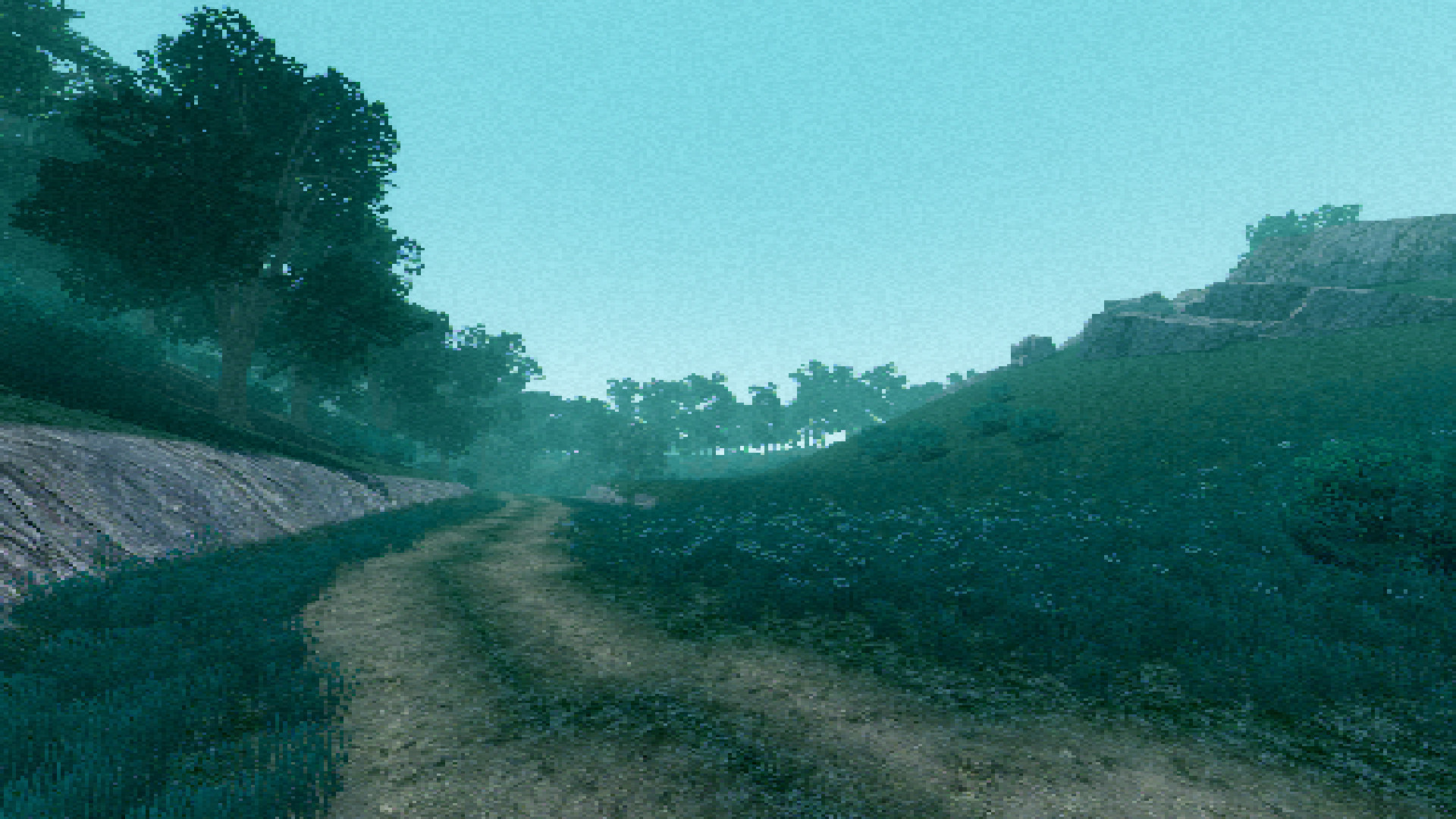 wip videogame screenshot of path next to forest