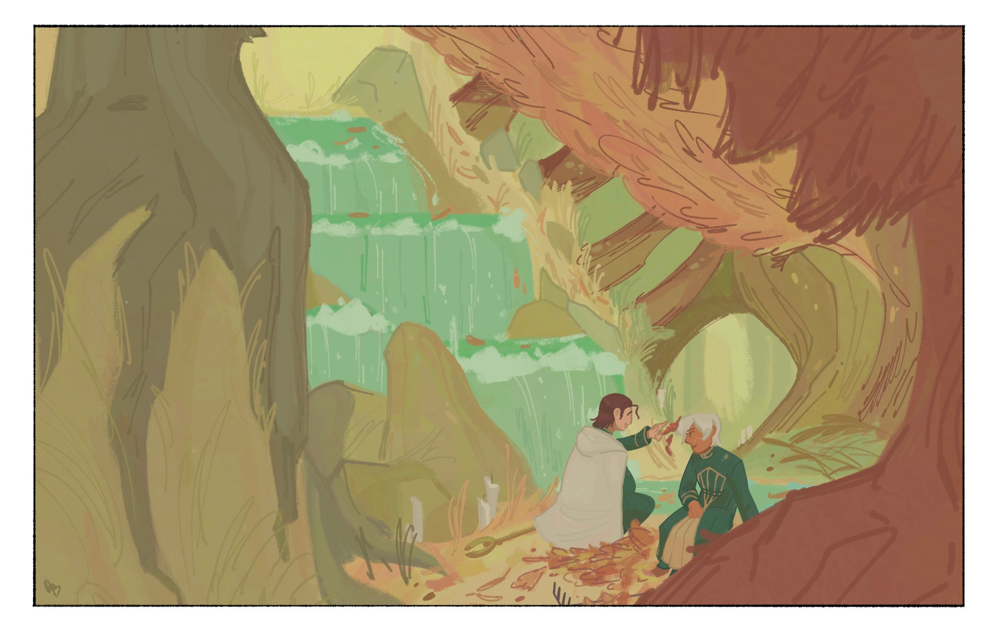 A digital painting of Roi and Temenos in the Crestlands' forests during daytime. They sit on the ground atop a pile of autumn leaves. Roi's Staff of Judgement and Temenos' mundane rake lie abandoned as Roi playfully throws some leaves at his brother's face. The tones of the painting are warm and light.