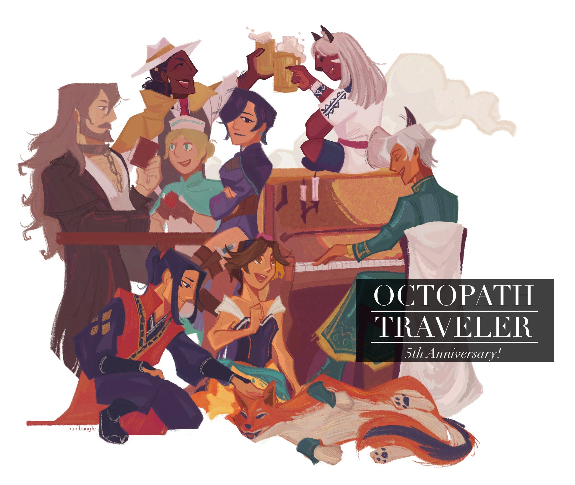 The cast of Octopath Traveler II drawn as the OT1 album cover.