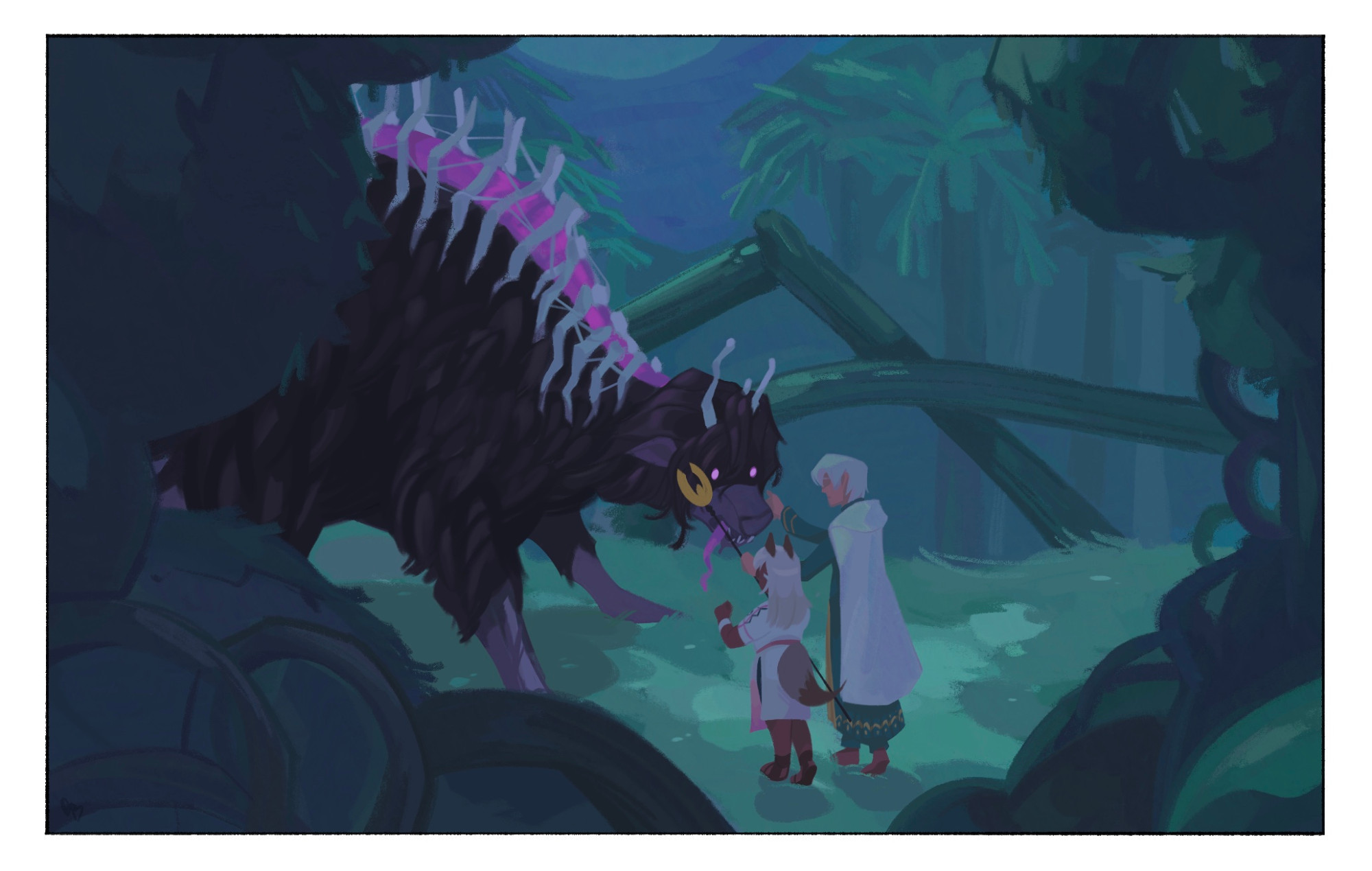 A digital painting of Temenos, Ochette, and chimera Roi in Toto'haha. It is nighttime and parts of the forest are destroyed. Roi approaches the two of them. Ochette's hand hovers hesitantly to touch Roi. By contrast, Temenos has a hand reached out and touching his brother's face, but his other hand is gripped around his Staff of Judgement—as if ready to cast magic if necessary. The tones of the painting are dark and somber. In both paintings, neither Temenos nor Roi's faces are fully visible.