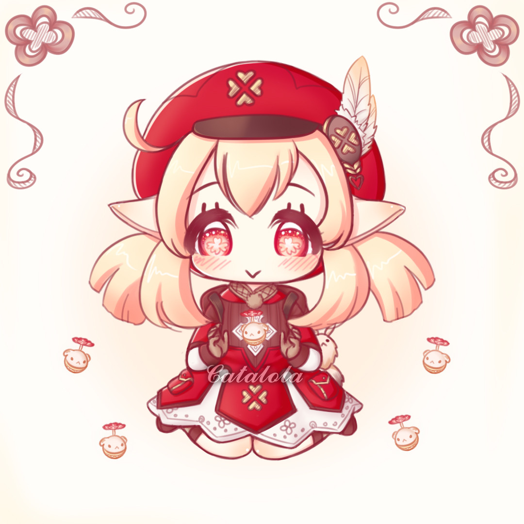 A chibi version of Klee from Genshin Impact sitting down, holding one of her cute little bunny bomb buddies.  She has blonde pigtails, big elf ears, a cute red outfit and a big floppy hat.