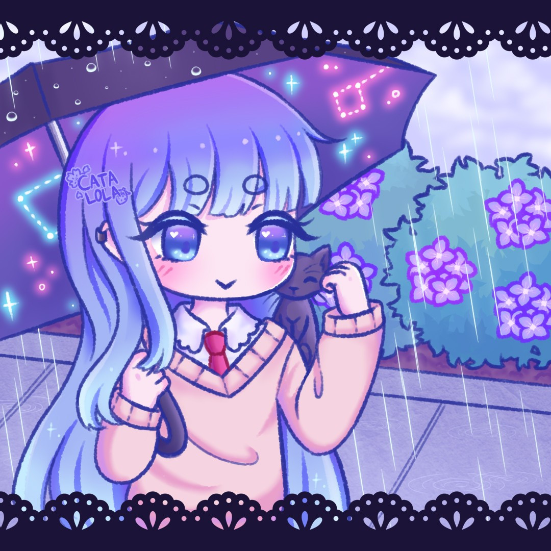 Cute long haired girl with blue hair holding an umbrella while stroking a kitty on her shoulder. She's walking down a path with hydrangea flowers in the rain.