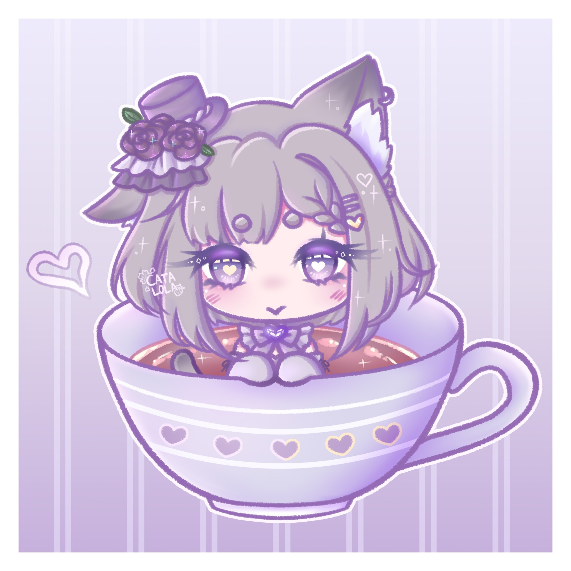 A super cute kitty girl chibi with short greyish brown hair and lolita styled clothing sitting in a teacup filled with earl grey tea.