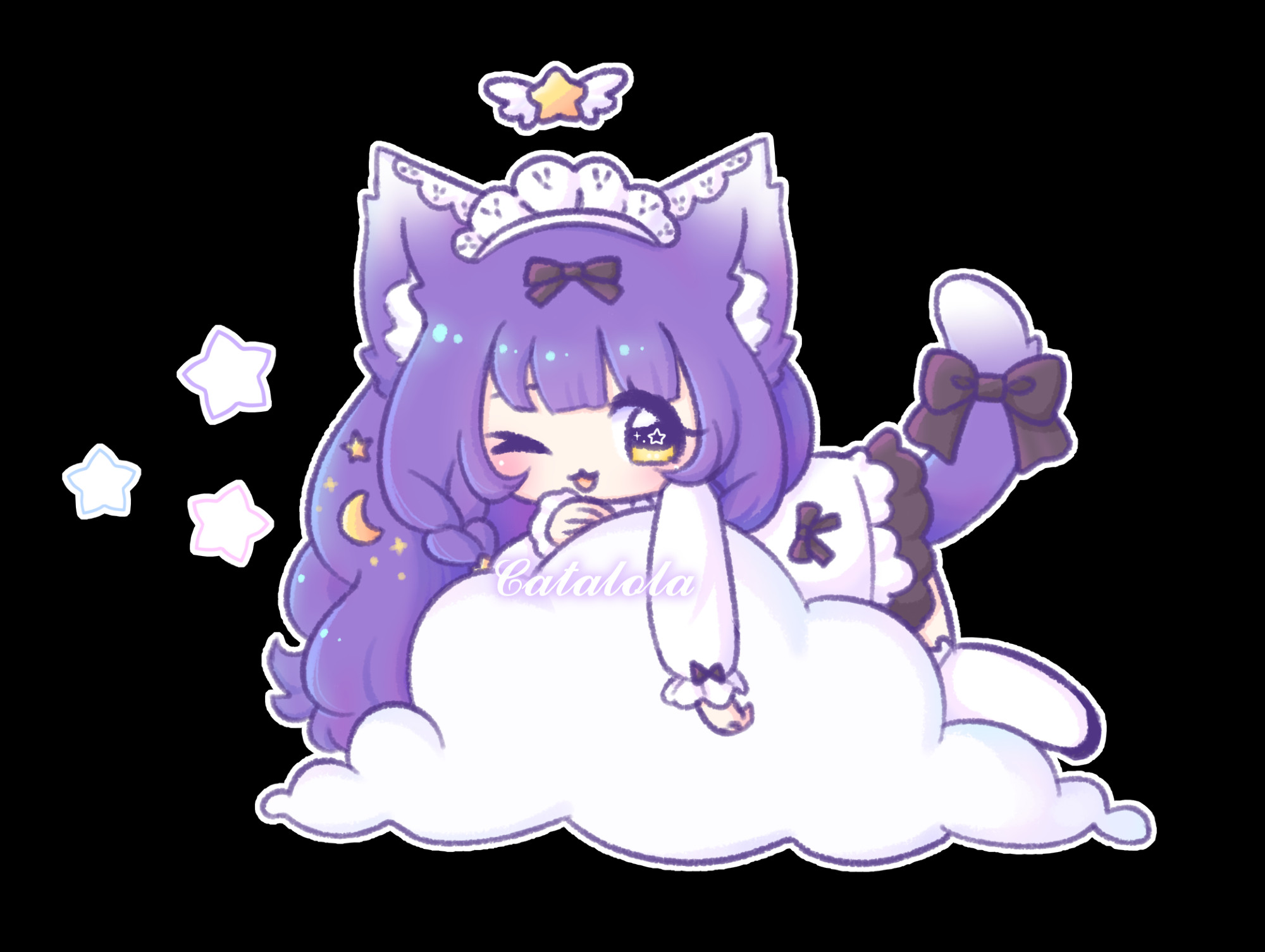 Purple haired kitty girl with lace and starry decorations, laying on a cloud and winking.