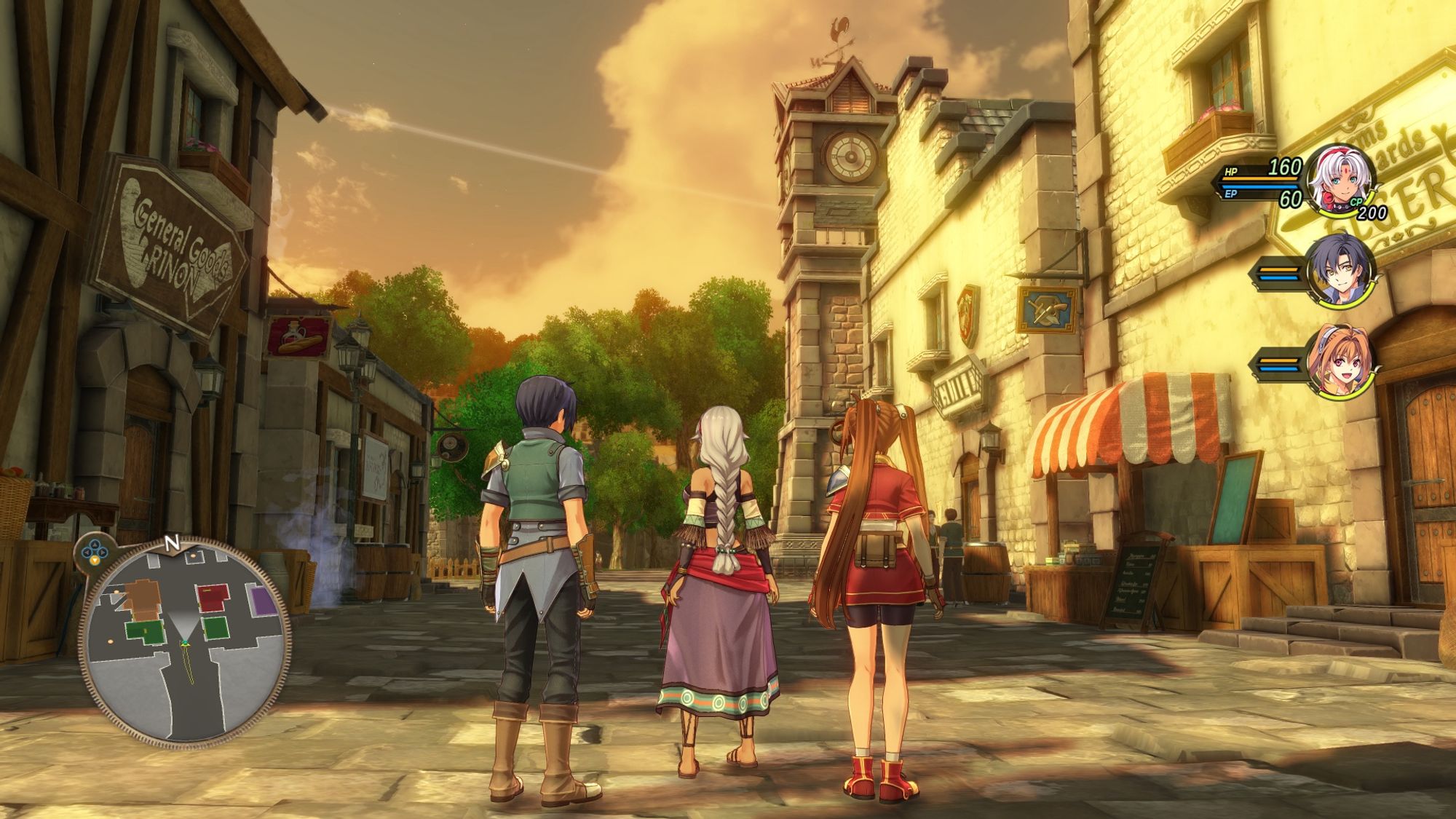 The trio in the starting town of Rolent, a rural town in the Liberl Kingdom.