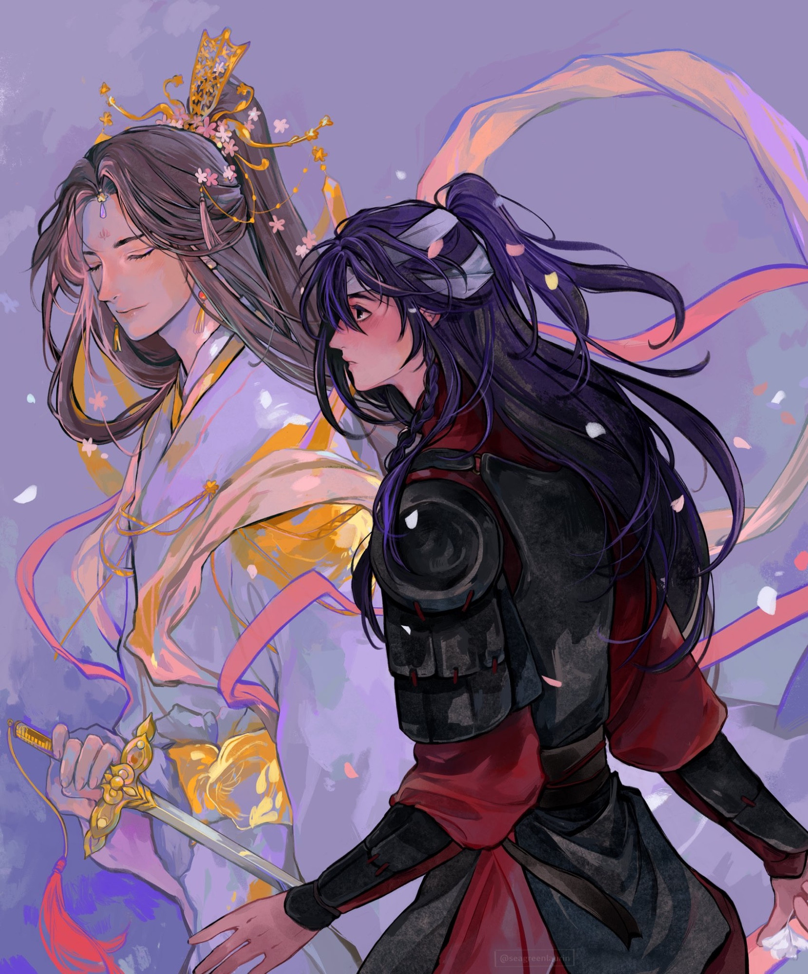 Digital drawing of Xie lian as a the Crown Prince of Xianle and Hua Cheng as his Hong Hong'er self