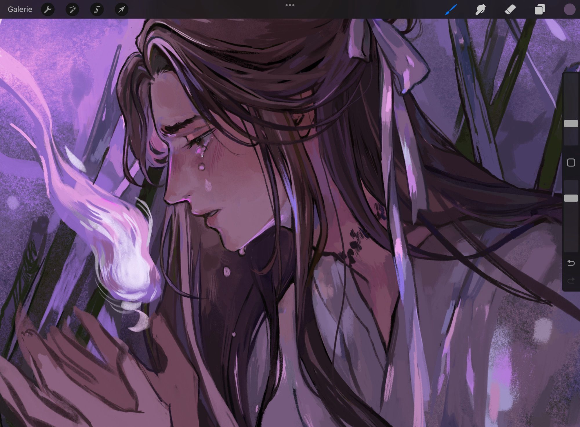 Screenshot of an unfinished Xie Lian drawing in Procreate. He is crying and visible from the side and is holding a small light in above his hands.