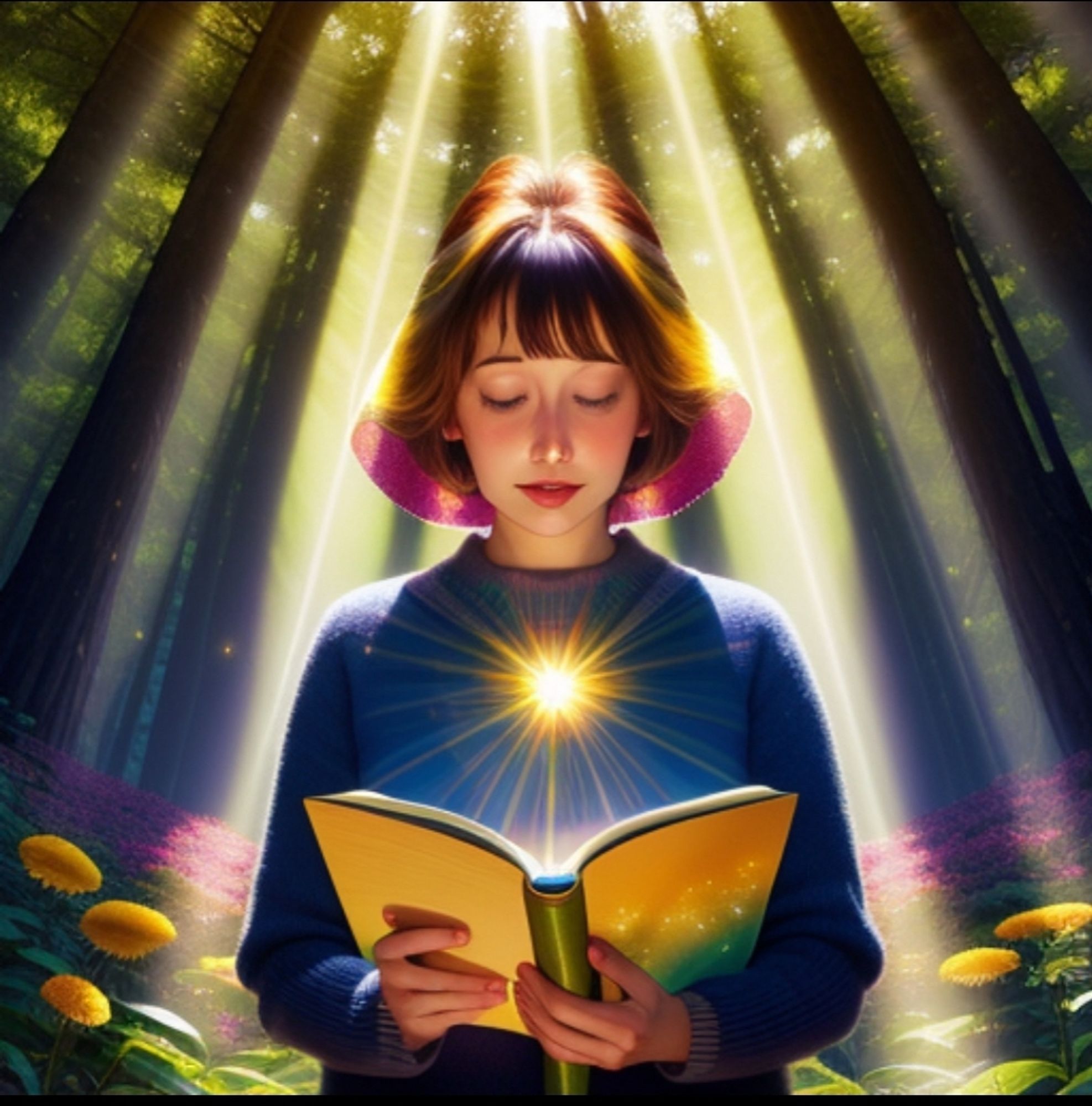 Young woman reading a book under rays of light, with a light shining out of her chest. 