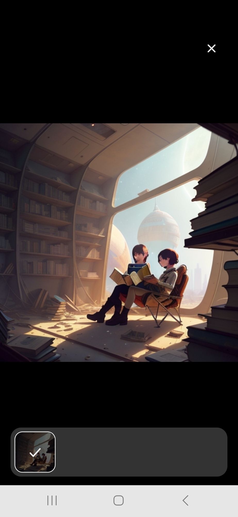 Two humans reading books with a large bay window behind them in a library. 