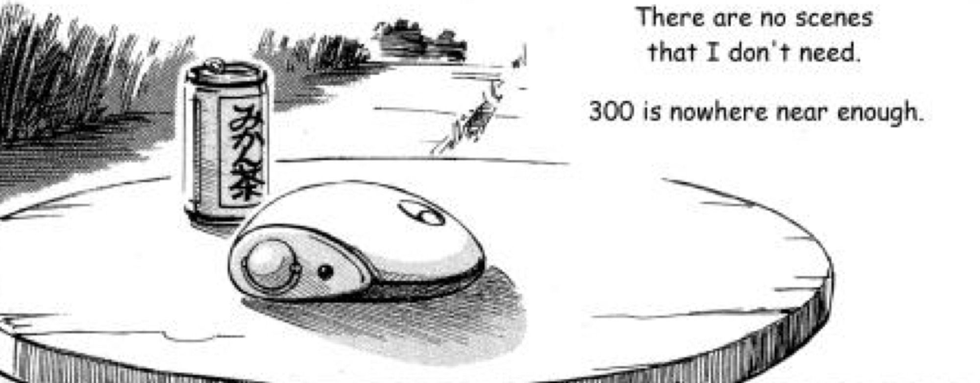 A panel from the manga Yokohama Kaidashi Kikou. It shows a futuristic camera sitting on a table with a drink can. The text reads “There are no scenes that I don’t need. 300 is nowhere near enough.”