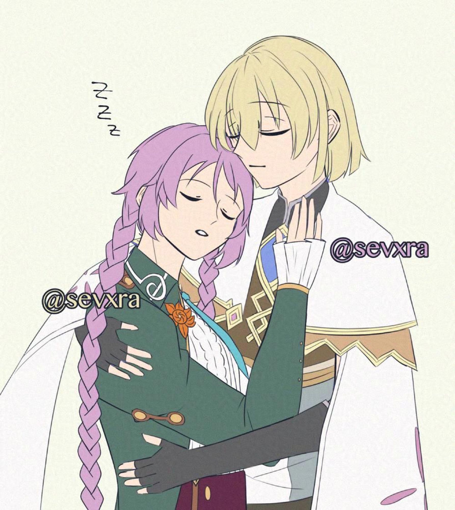 Clorica and Lest from Rune Factory 4. Clorica is leaning against Lest and sleeping. Lest is holding her in his arms.