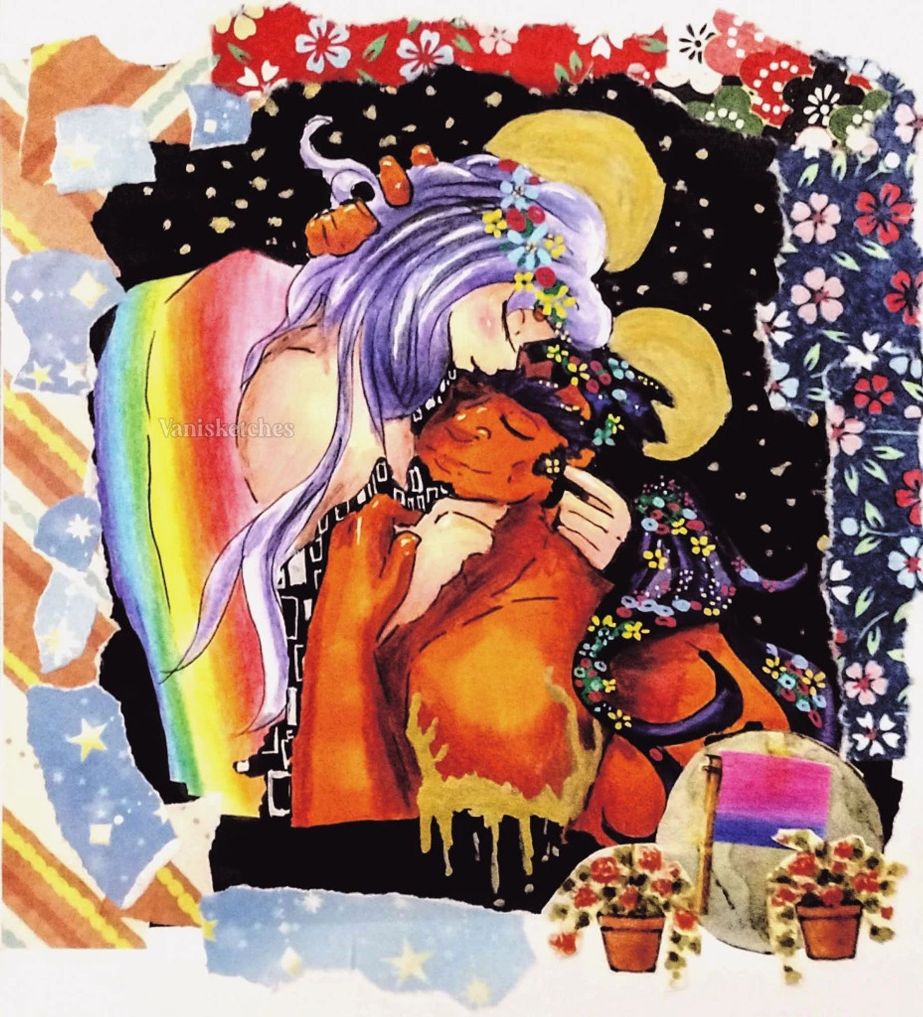 Traditional media + Collage + Colored pencils & markers. This is a re-imagening of The Kiss painting by Klimt, featuring two characters. This is a Saint Seiya fanart featuring the characters: Aries Mu and Taurus Aldebaran. It's possible to observe a top surgery's scars in gold and a Bi flag off to the side.