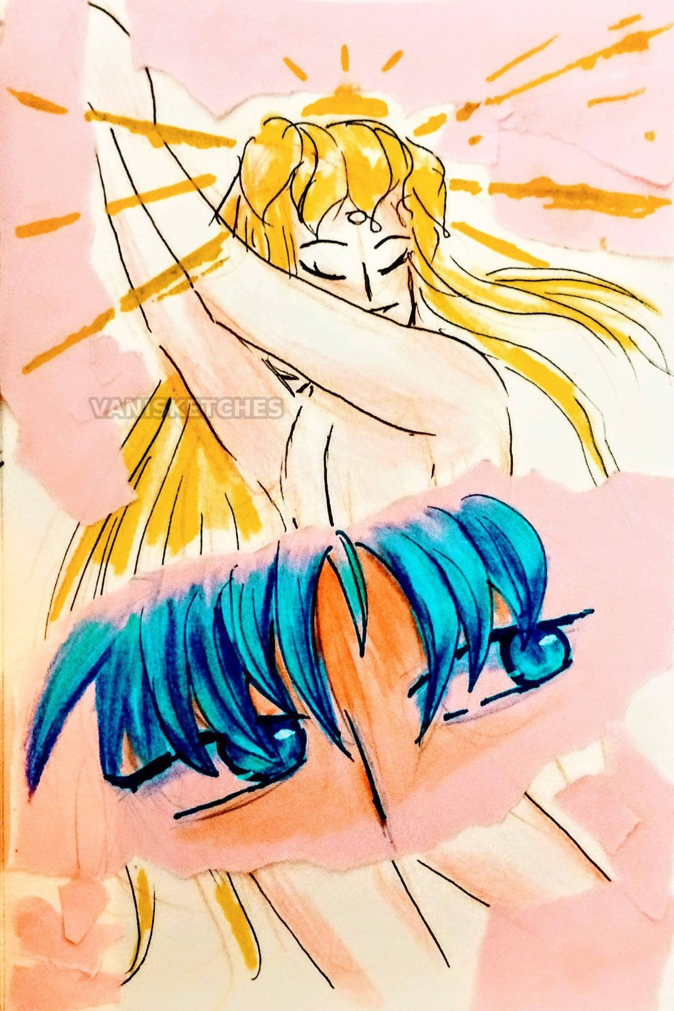 Traditional art + collage + markers + colored pencils. This is a Saint Seiya fanart featuring the characters: Gemini Saga and Virgo Shaka. There's one character and a close-up shot of another character's eyes seemingly looking at him.