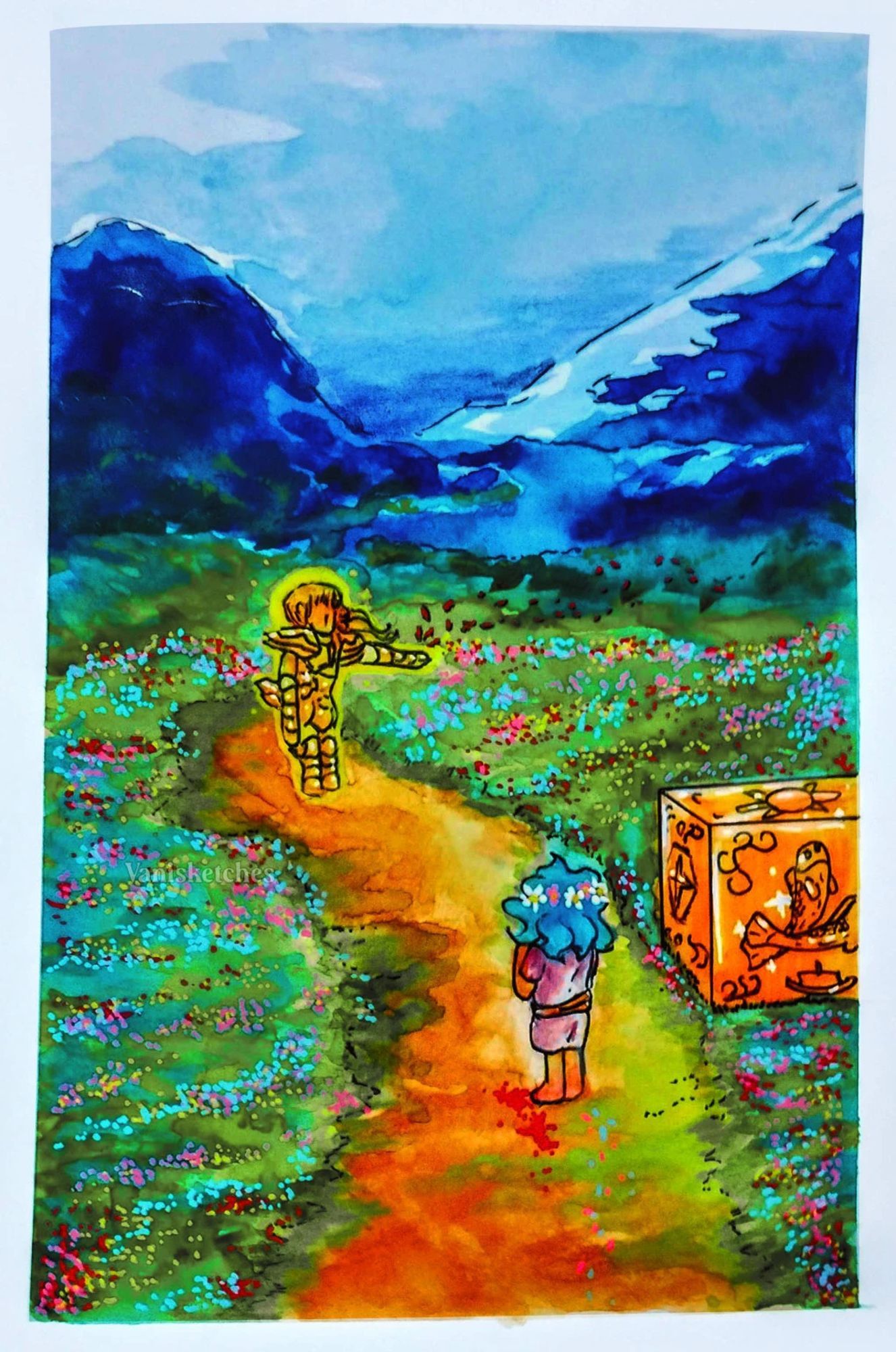 Watercolor painting of a flowers field with mountains. There is a golden box with symbols representing the pisces sign. It is a fanart with characters from Saint Seiya: Pisces Cardinale and Aphrodite.