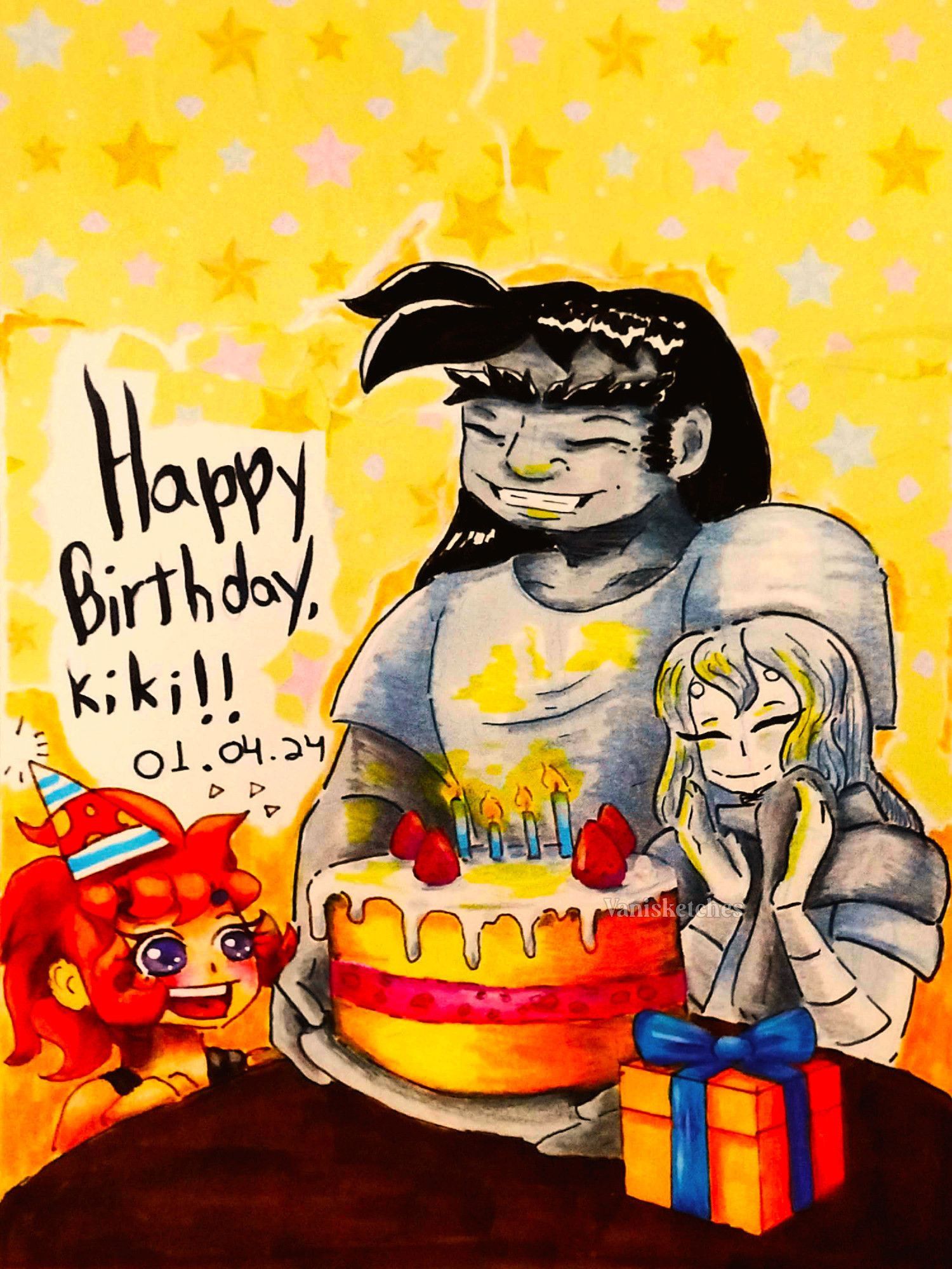 Traditional + Markers + Collage + colored pencils. It is a birthday scene, with three characters. 2 are greyscaled and one is colored. There is a large cake and a sizeable gift box beside it. Text on the image: Happy birthday Kiki! 01.04.24. This is a fanart of the Saint Seiya series, characters from left to right: Kiki, Taurus Aldebaran and Aries Mu.