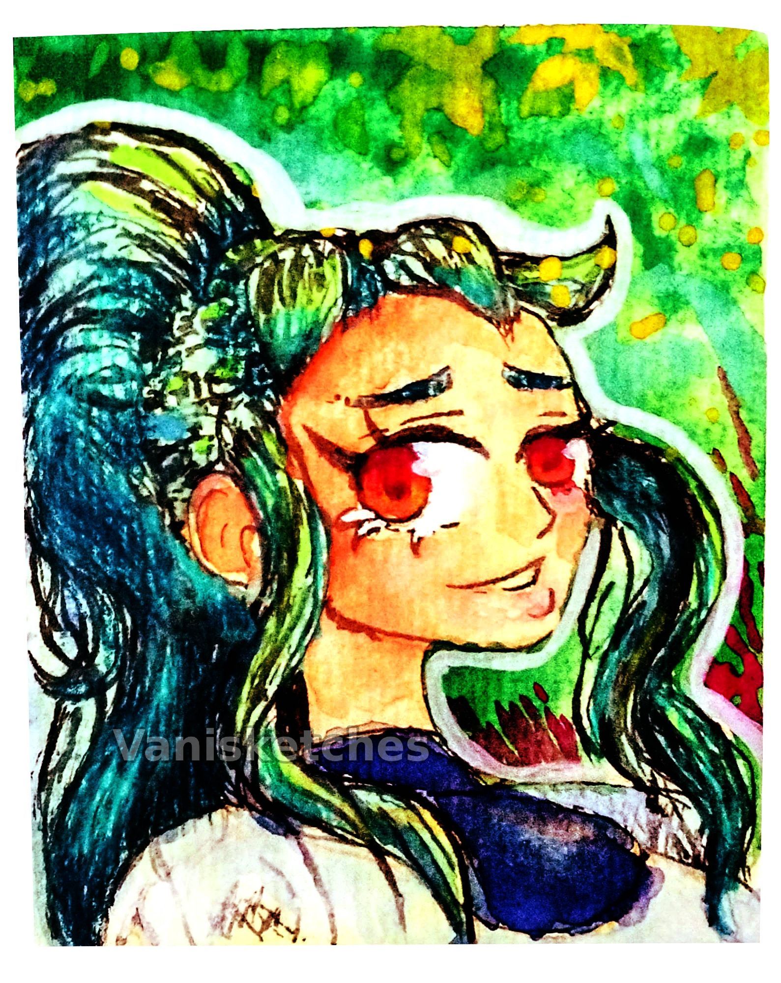 Ink + watercolor + gouache. This is an Original character that belongs to Bloody-Blossom. It's a headshot of a character looking to the side, with a smile.