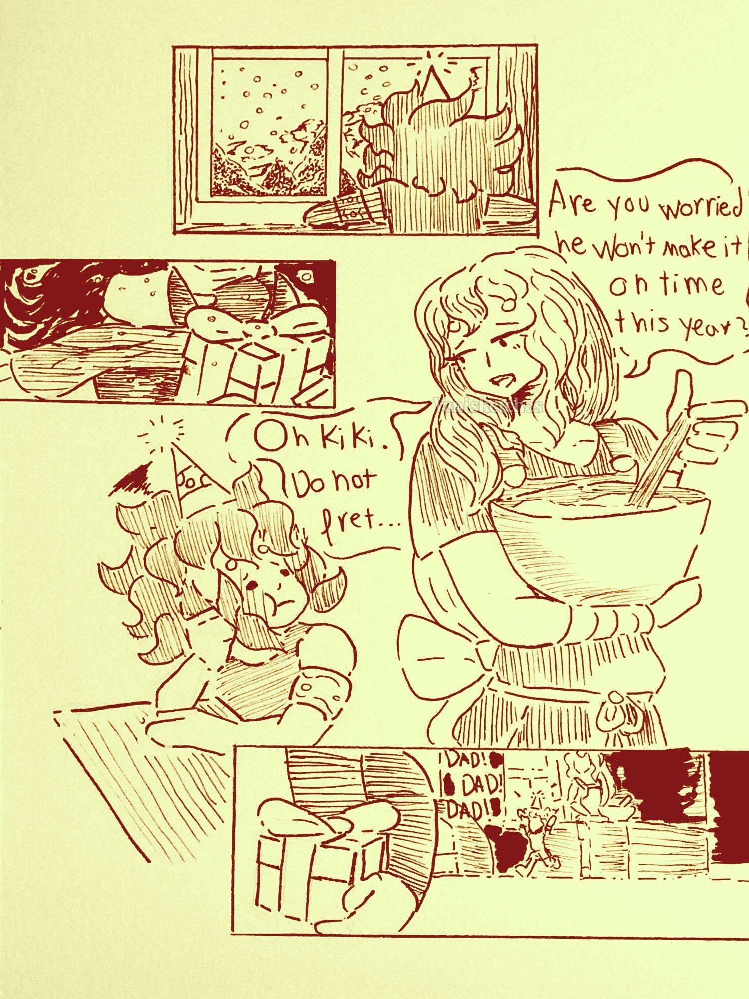 Inking + Digital post-production. This is a Saint Seiya fanart featuring the characters: Aries Mu, Appendix Kiki and Taurus Aldebaran. This is a comic showing a child that's anxiously waiting for the arrival of their second father, while the one that's baking tries comforting him. Text on image:  "Are you worried he won't make it on time this year?" / "Oh Kiki. Do not fret..." / "Dad! Dad! Dad!"