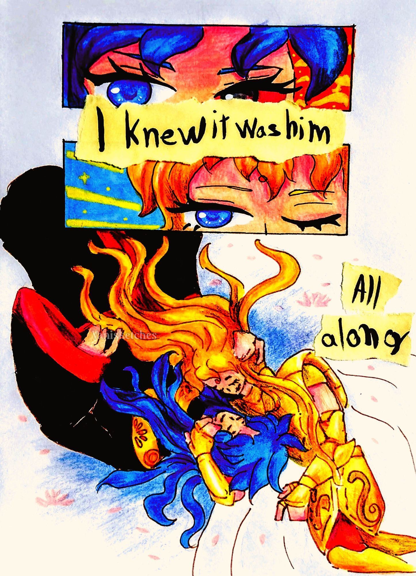 Traditional media + markers + colored pencils + collage. Text on image: I knew it was him all along. There are two close-ups of both characters eyes, leading up to the following romantic scene below it. This is a fanart of the Saint Seiya franchise, featuring the characters: Gemini Saga and Virgo Shaka.