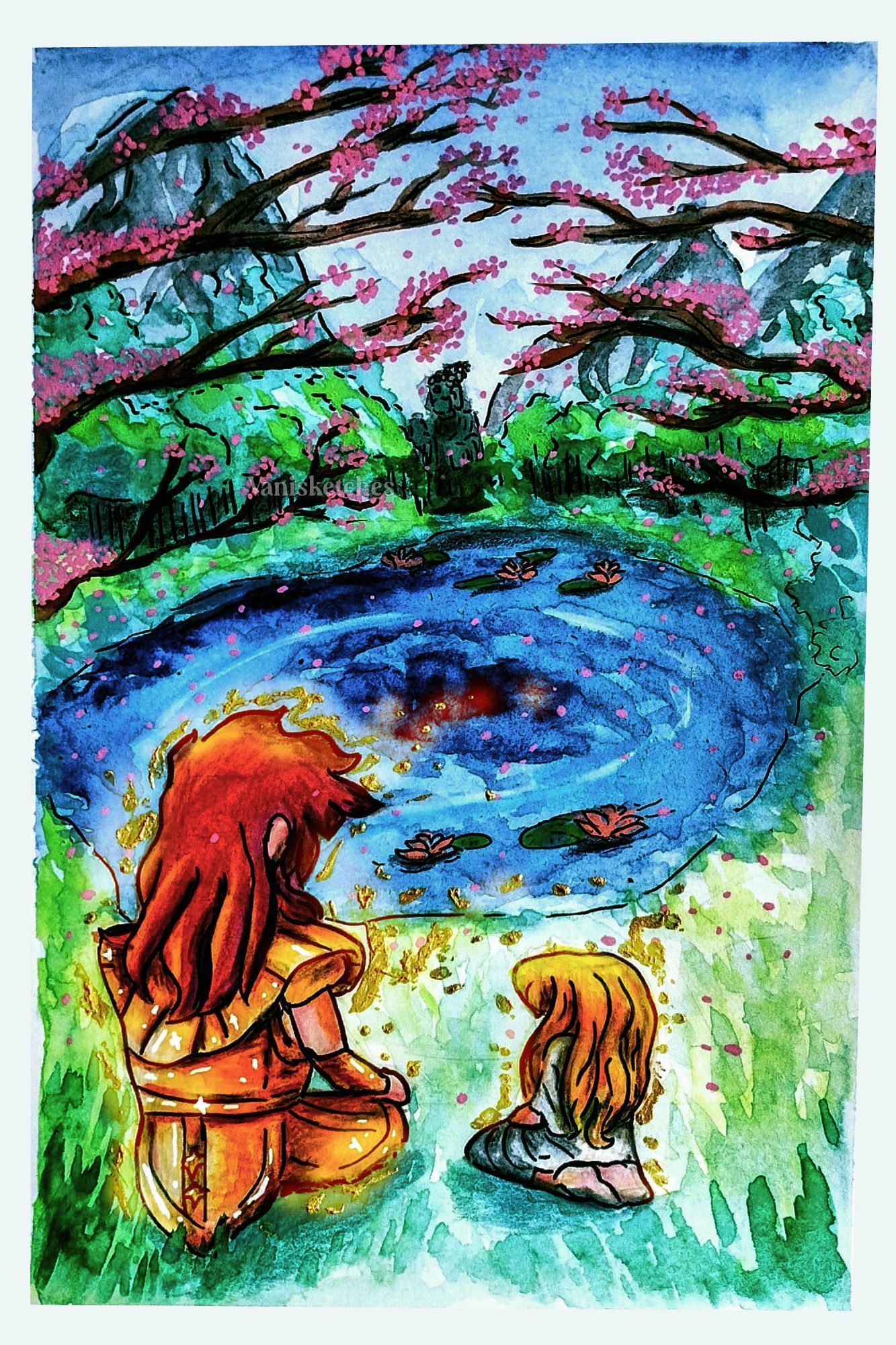 Traditional media + Watercolors. It's a painted scenery, with mountains in the distance and what appears to be with a forest. There is a buddha statue in the very center. There are two figures, one is sitting in a lotus position and the smaller one is on his knees. This is a fanart of the Saint Seiya franchise featuring the characters: Virgo Shijima and Virgo Shaka.