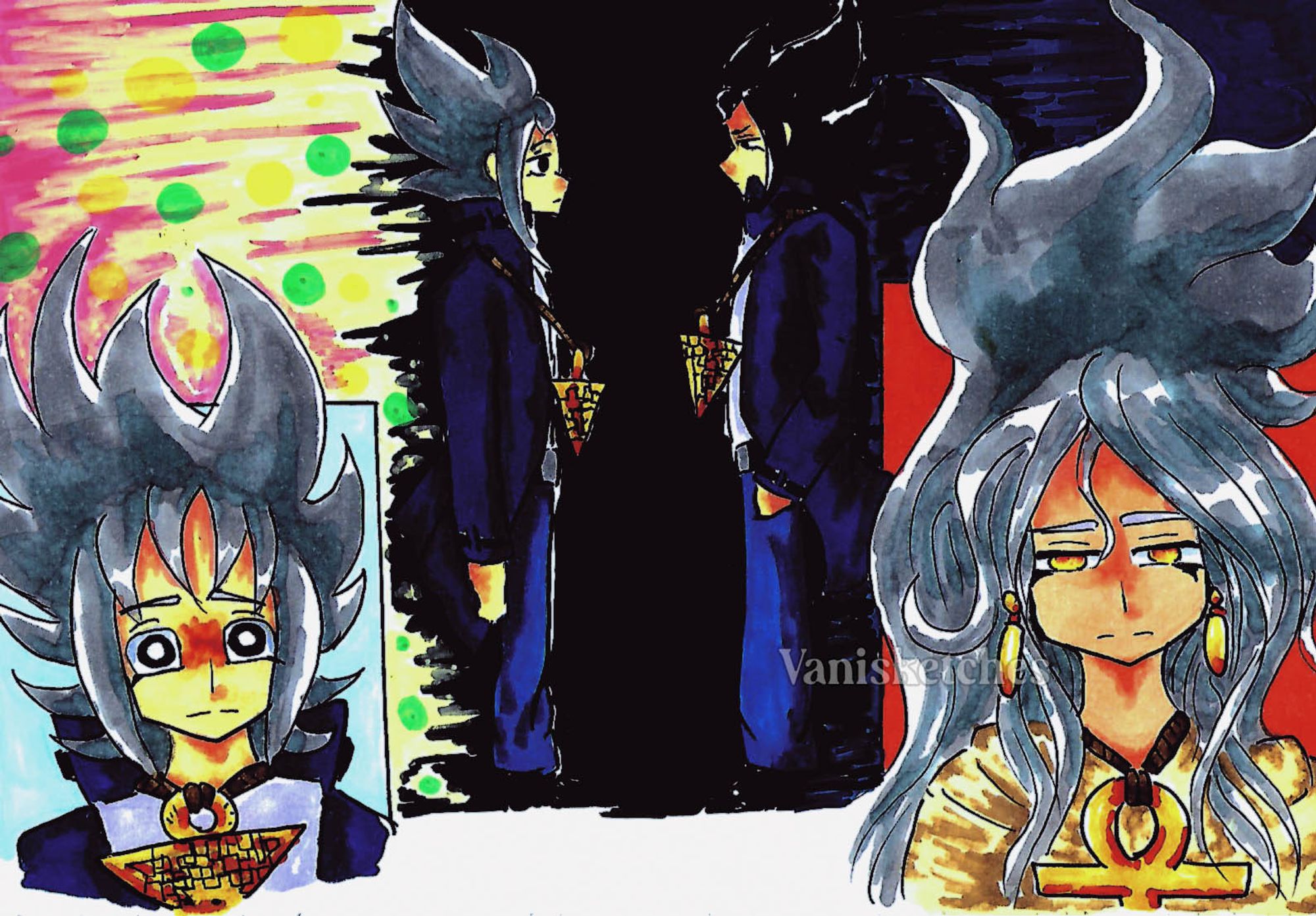 Markers + inking + Acrylics. This is a Saint Seiya fanart featuring the characters: Gemini Abel + Kain and Ophiuchus Odysseus. There are two scenes on the image, at the center two characters are facing one another, and the other are two headshots.