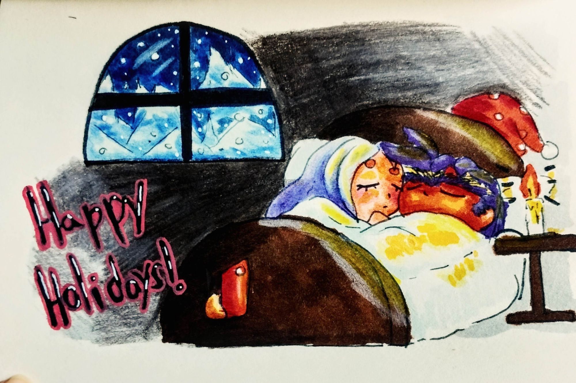 Colored pencils + markers. This is a Saint Seiya fanart featuring the characters: Aries Mu, Taurus Aldebaran. Both characters are sound asleep, there's a lightened up candle, and through the window it's possible to see a snowy scenery. Text on image: Happy holidays!