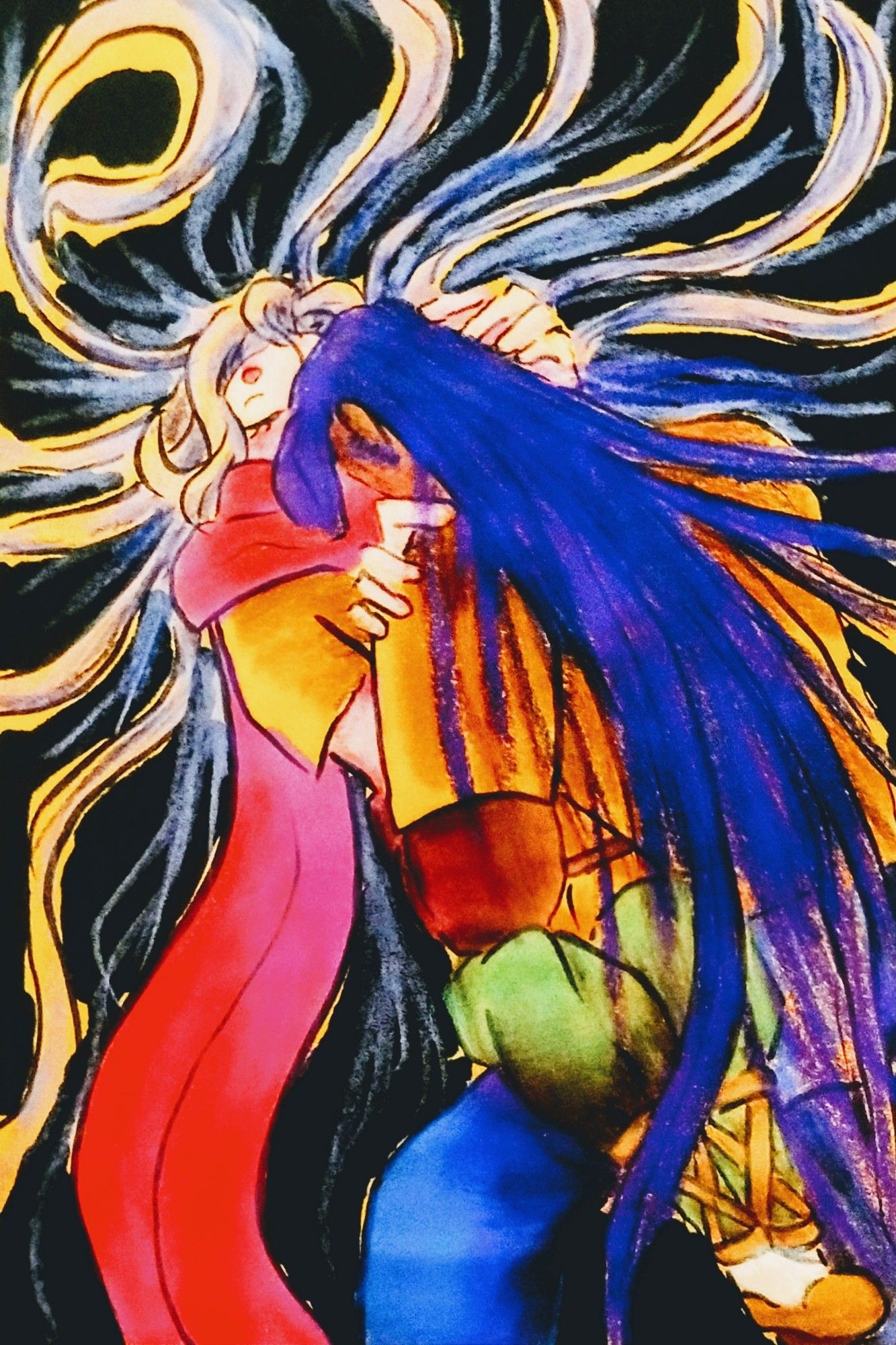 Colored pencils + inking. This is a Saint Seiya fanart featuring the characters: Aries Mu and Taurus Aldebaran. Both characters are romantically holding one another.