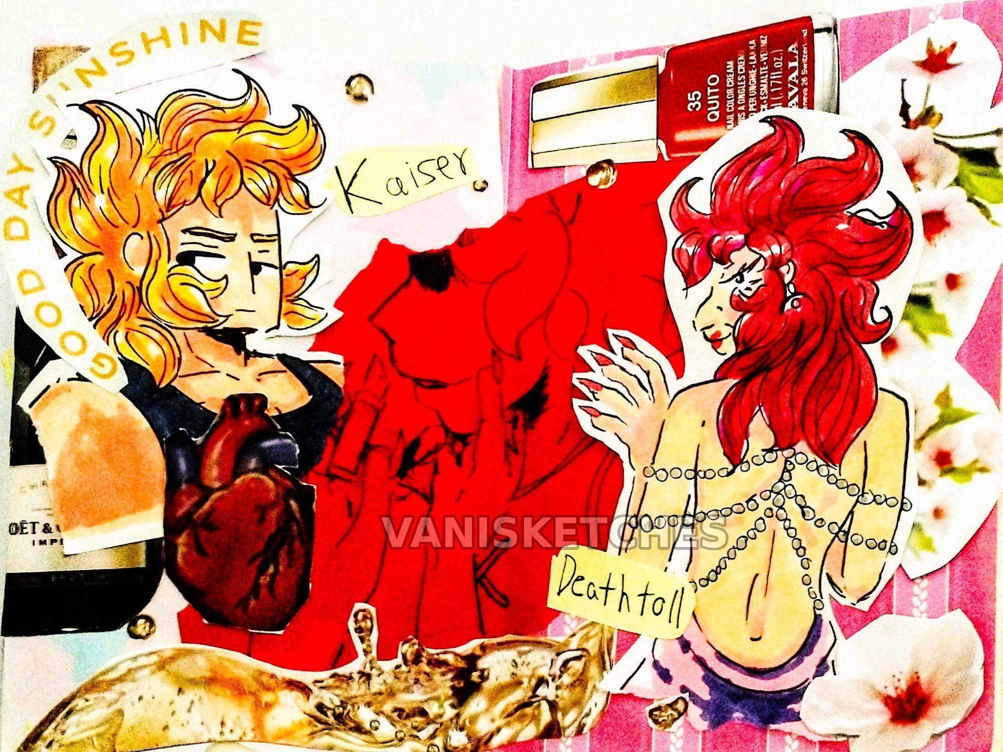 This is a Saint Seiya fanart featuring the characters: Cancer Deathtoll and Leo Kaiser. The piece consists of a collage of several cut outs, centered around both characters. Meanwhile at the center, there's a romantic scene between both characters, hands are applying lipstick on Kaiser. Text on image: Good day Sunshine.