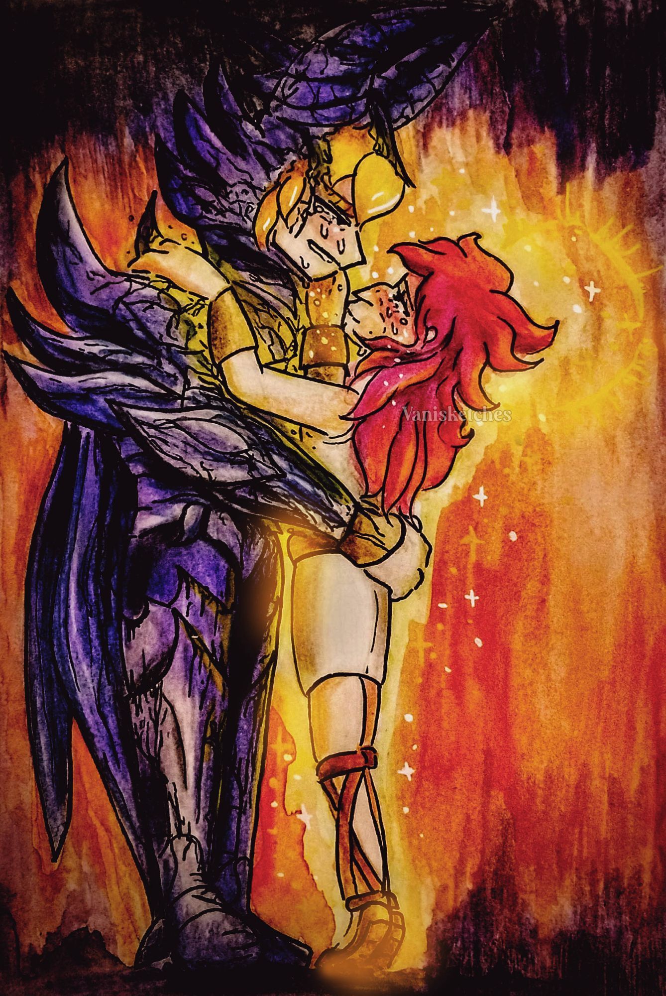 Traditional media + Watercolors. There are two figures holding one another, both are crying. The taller one is clearly weeping, while the other is trying to soothe him. This is a Saint Seiya next dimension fanart featuring the characters: Leo Kaiser (who is in the Wyvern surplice) and Cancer Deathtoll.