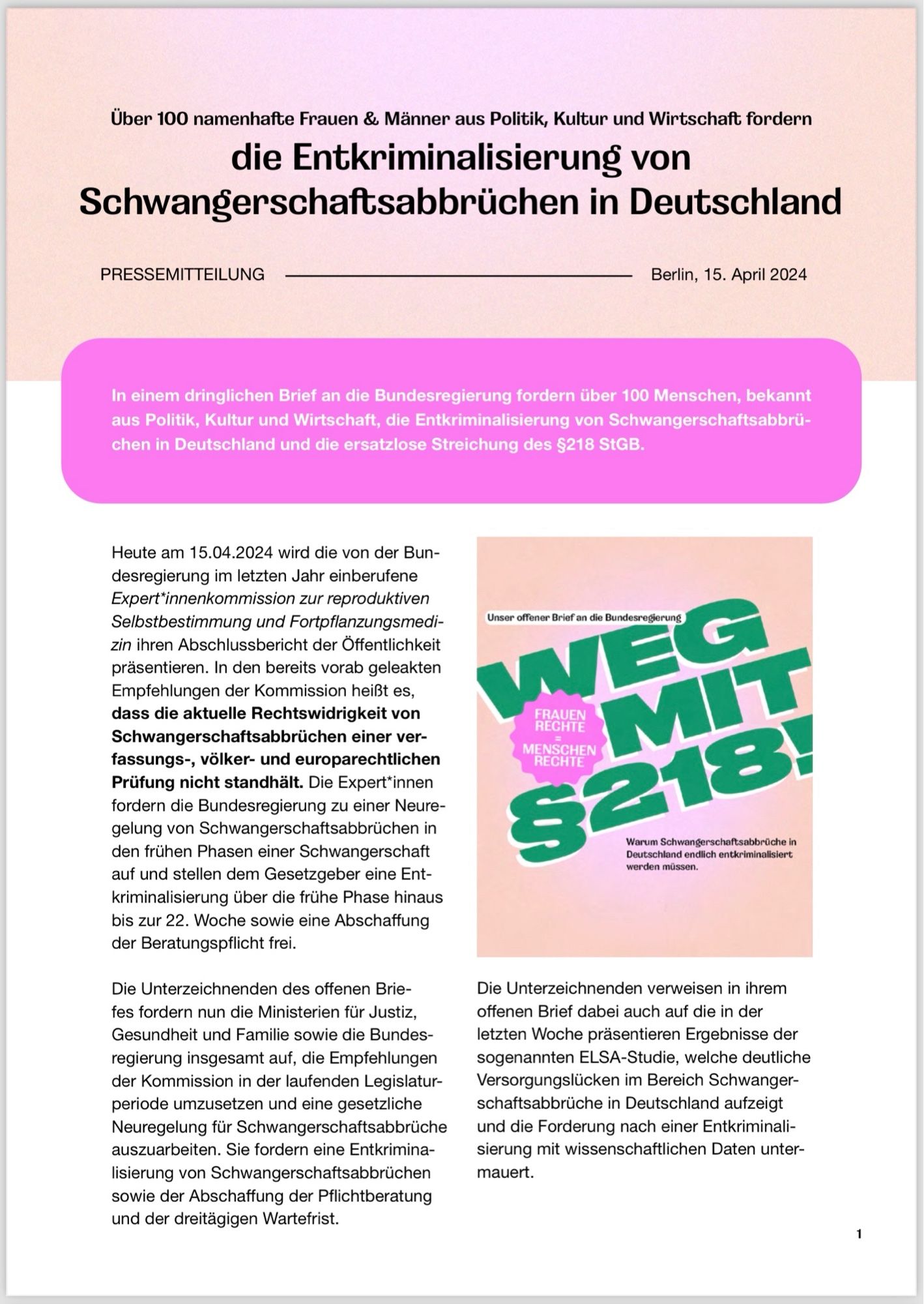 Erste Seite der Pressemitteilung zum offenen Brief an die Ampel-Regierung zu #wegmit218. Inhalt siehe Link