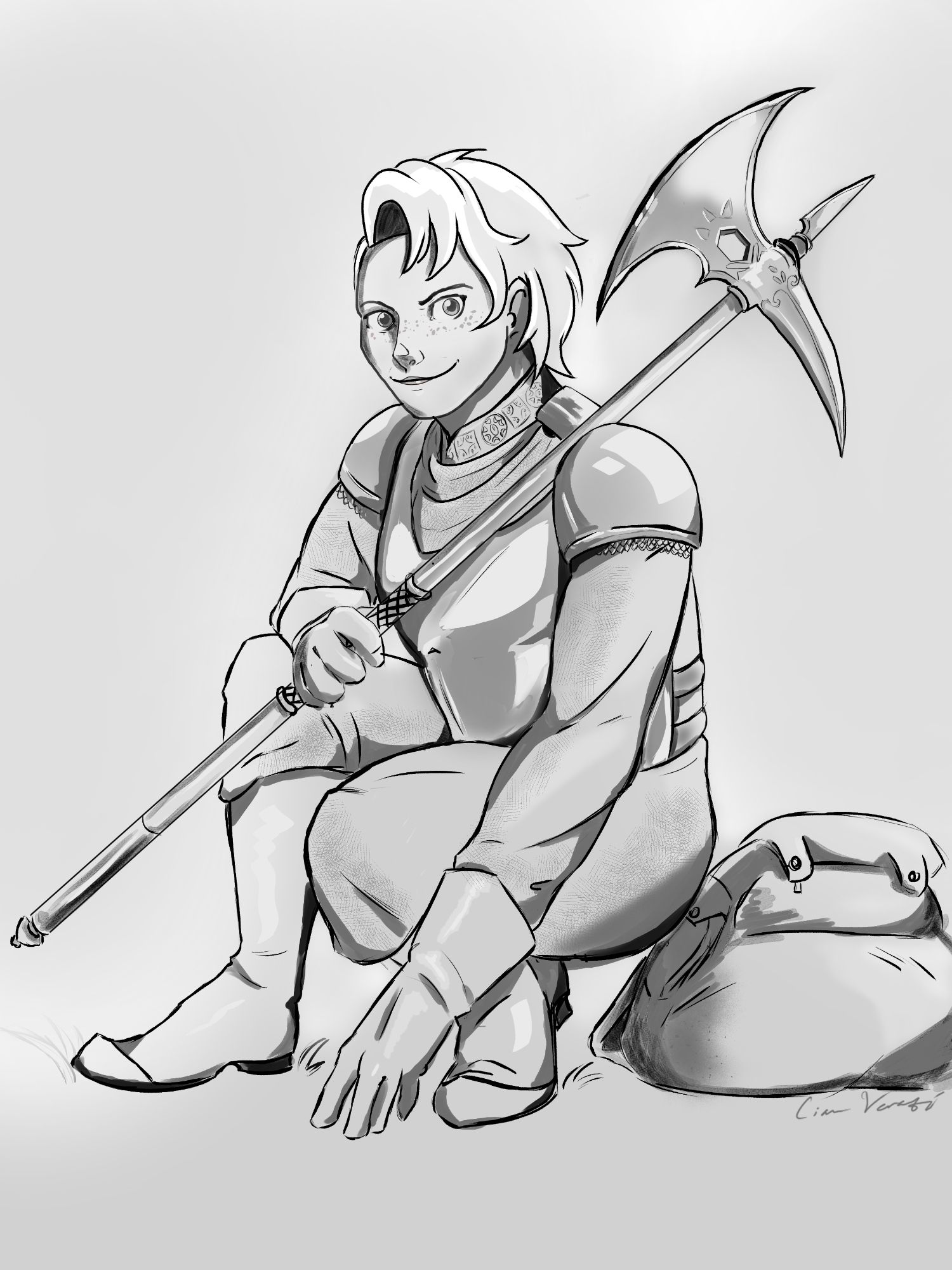 An old commission of a warrior lady crouched with her battleaxe and her backpack.