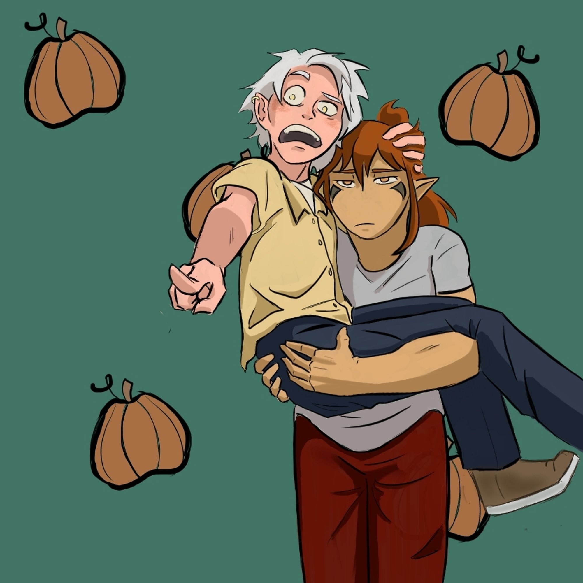 Two original characters on a pumpkin and green background.

The white-haired boy, Cavid, has leapt into the arms of his friend, Enaka.  Enaka looks unamused.  Cavid looks horrified and is pointing off-screen at something grotesque.