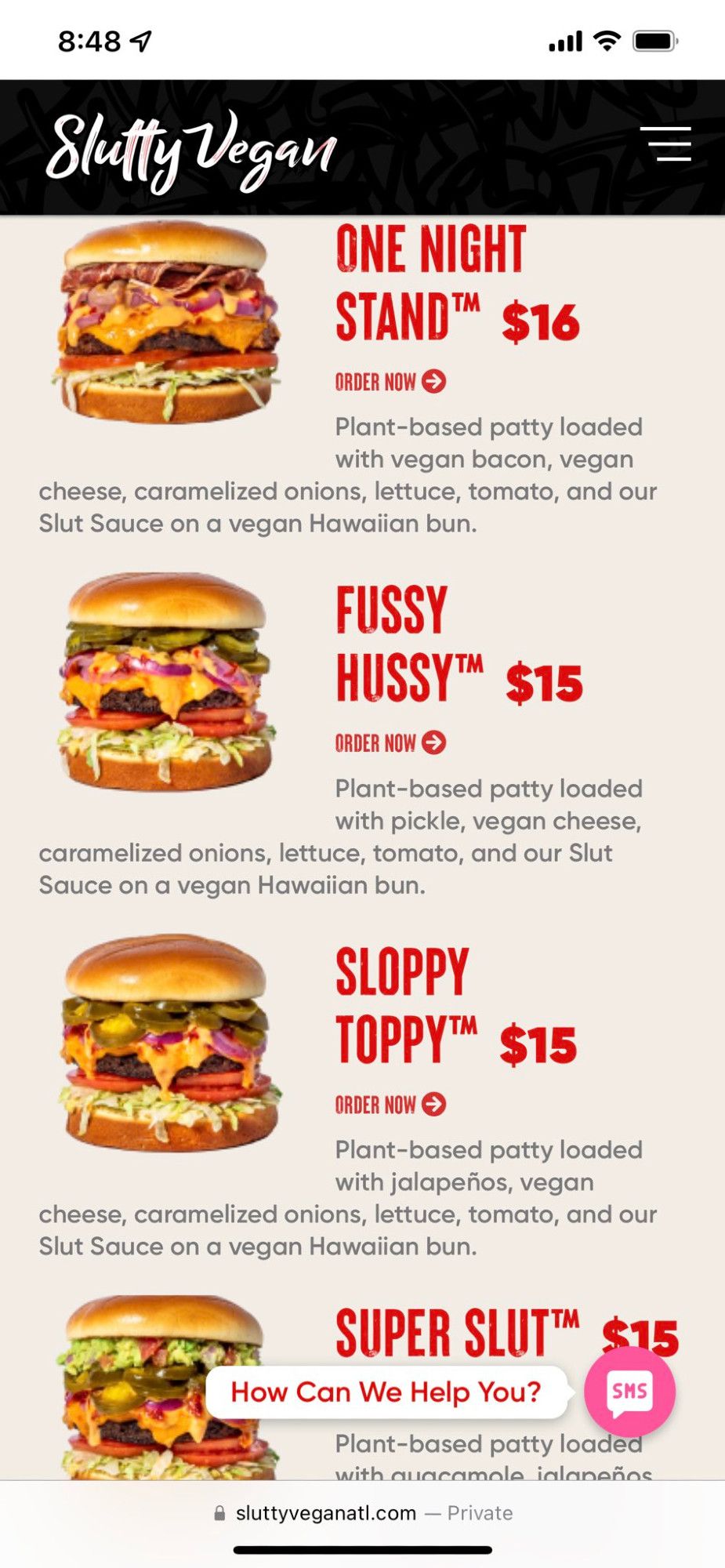 Menu for the "Slutty Vegan" restaurant showing the burgers "One Night Stand", "Fussy Hussy", "Sloppy Toppy" and "Super Slut".